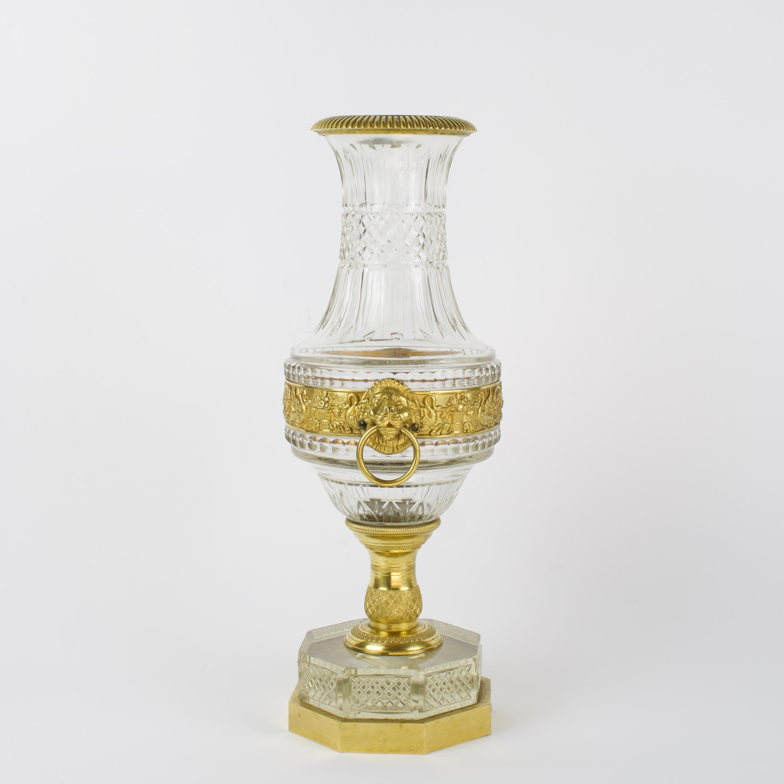 Napoleon III French Late 19th Century Empire Crystal and Gilt Bronze Lions' Heads Vase For Sale