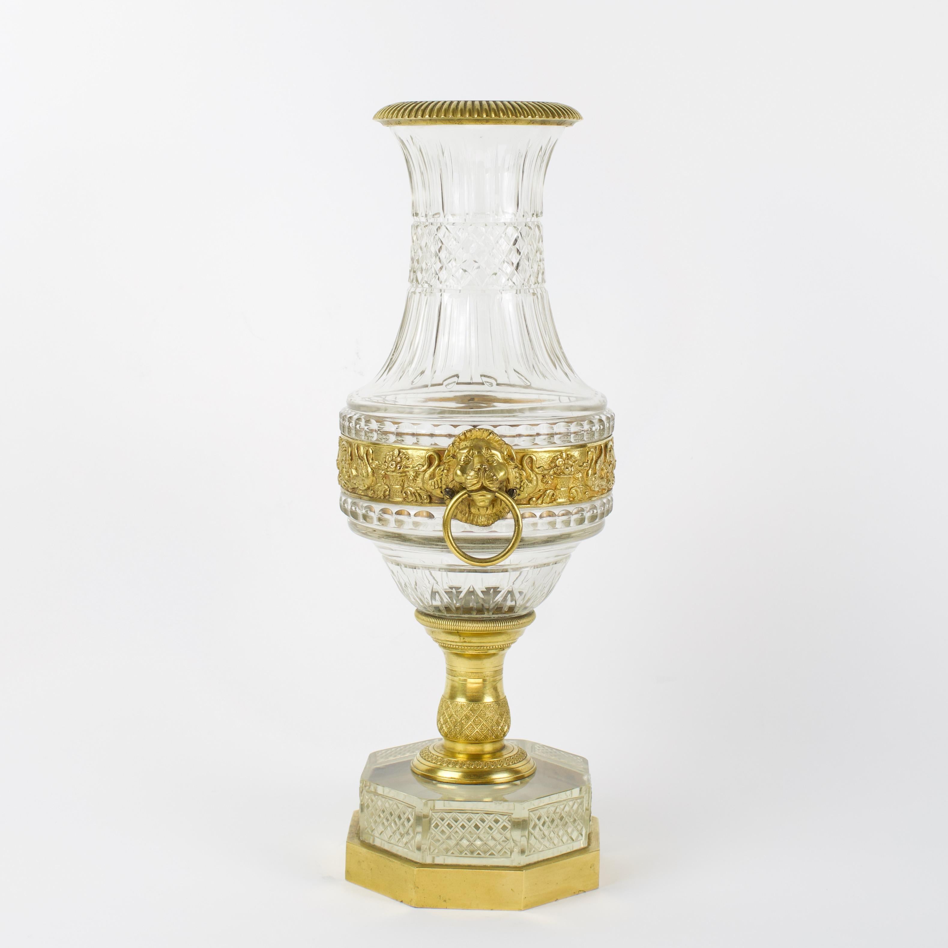 French Late 19th Century Empire Crystal and Gilt Bronze Lions' Heads Vase For Sale 1