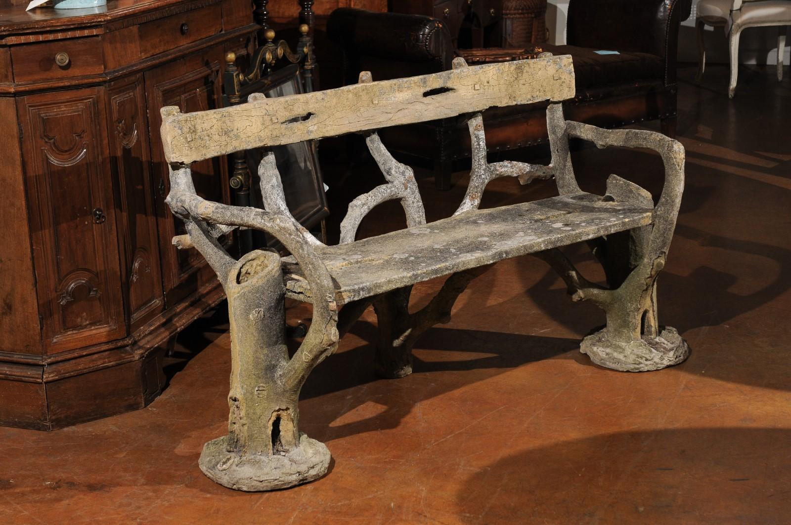 Faux Bois French Late 19th Century Faux-Bois Concrete Bench with Vases Flanking the Sides For Sale