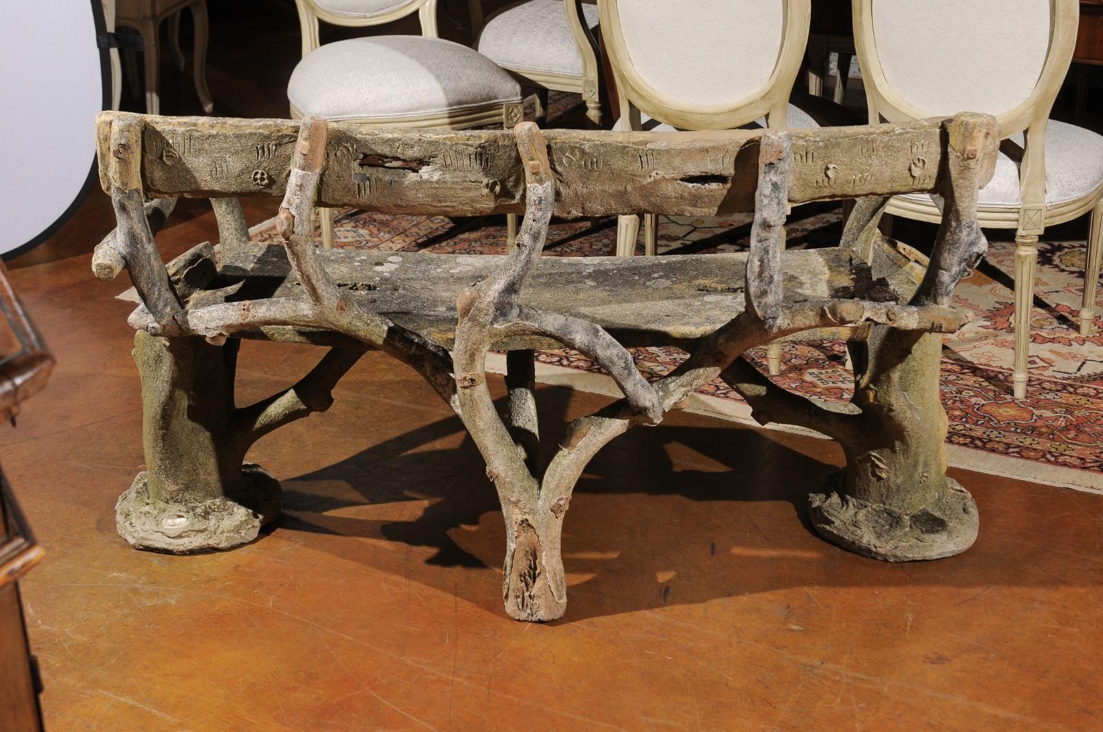 French Late 19th Century Faux-Bois Concrete Bench with Vases Flanking the Sides For Sale 2