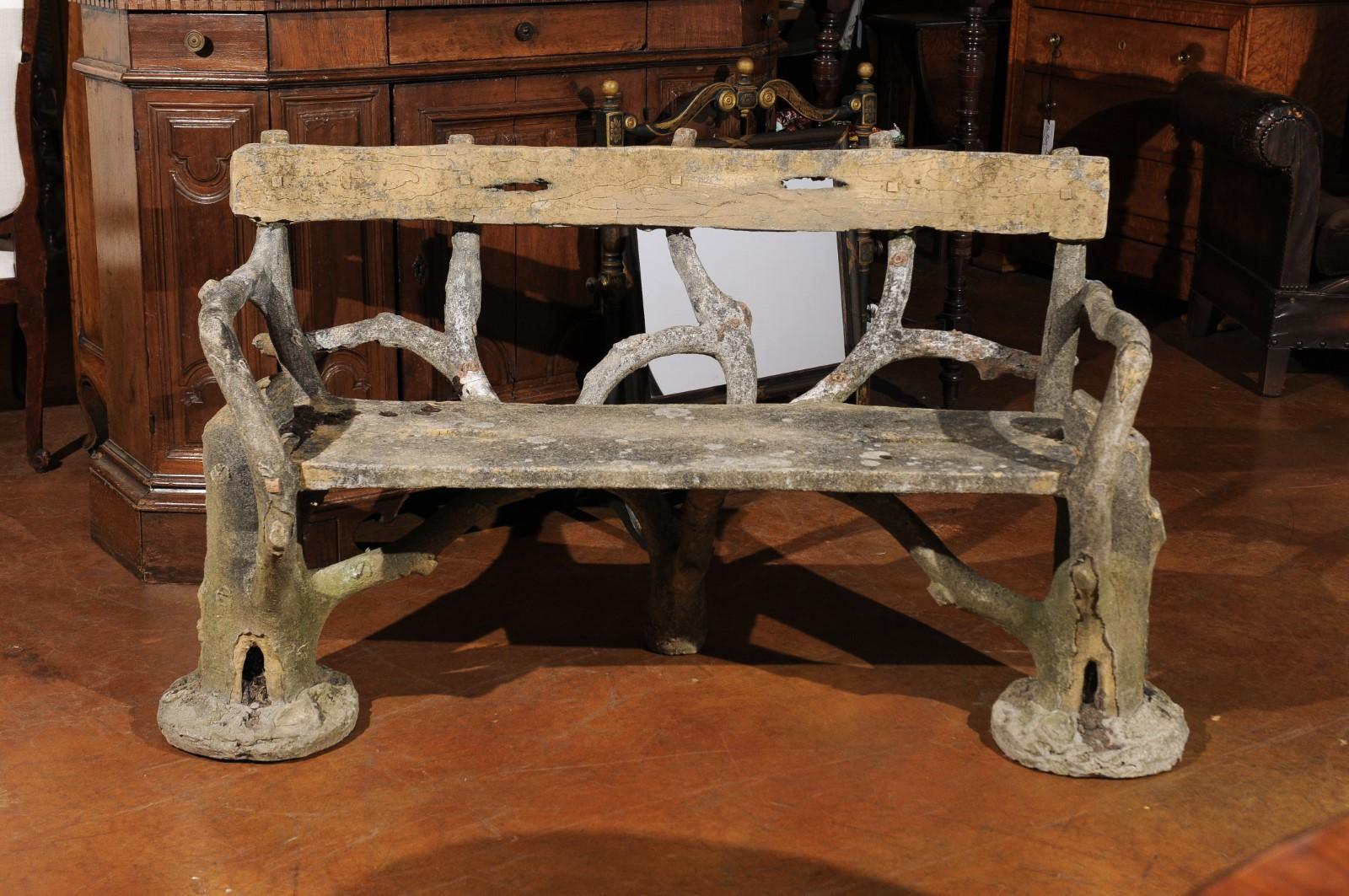 French Late 19th Century Faux-Bois Concrete Bench with Vases Flanking the Sides For Sale 3