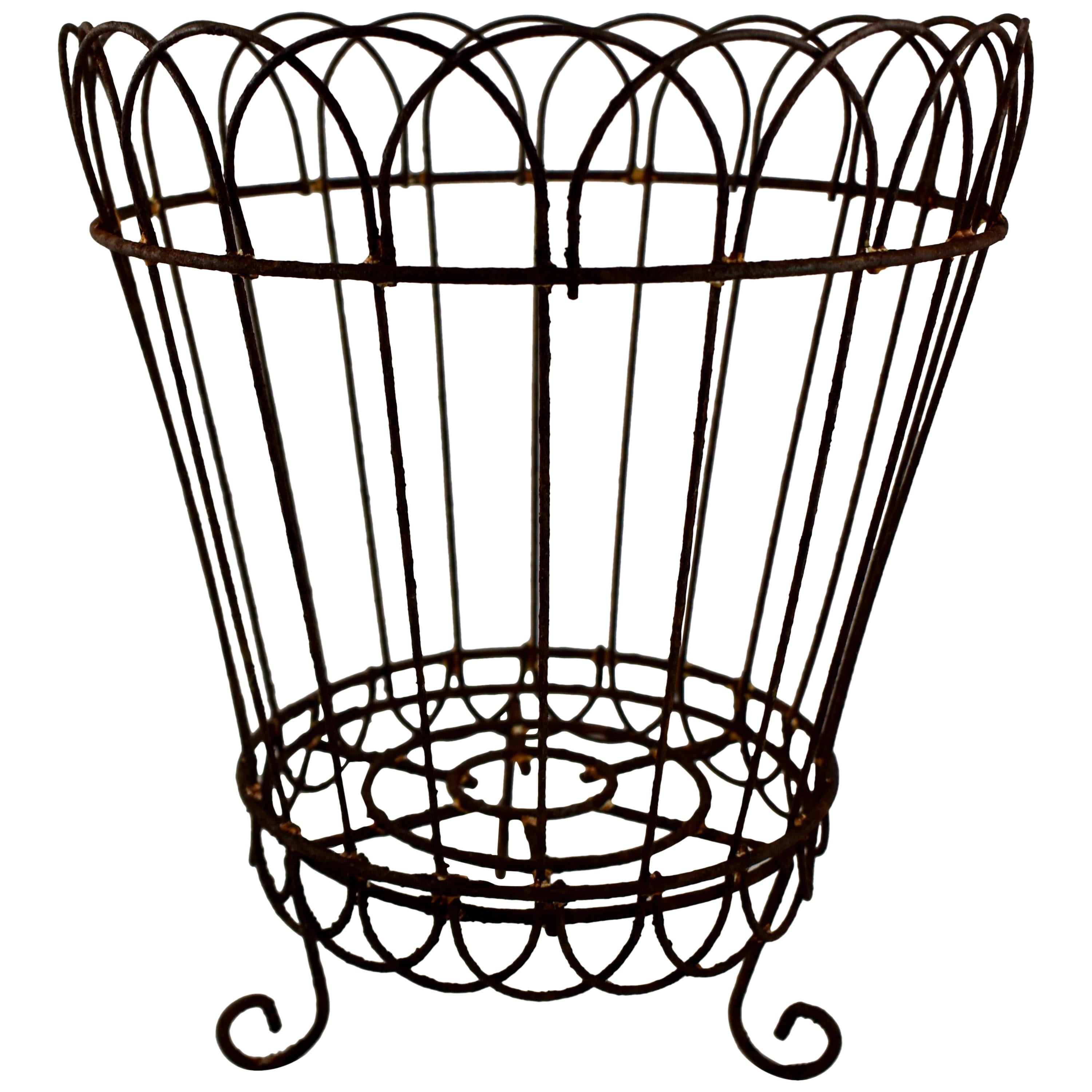 French Late 19th Century Footed Handmade Wire Metal Garden Planter Basket