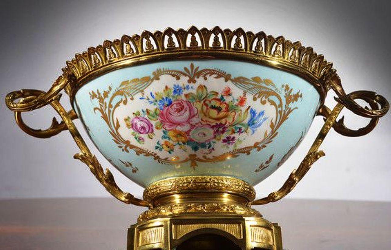 Brass A French Late 19th Century Gilt Metal Mounted Hand Painted Porcelain Bowl For Sale