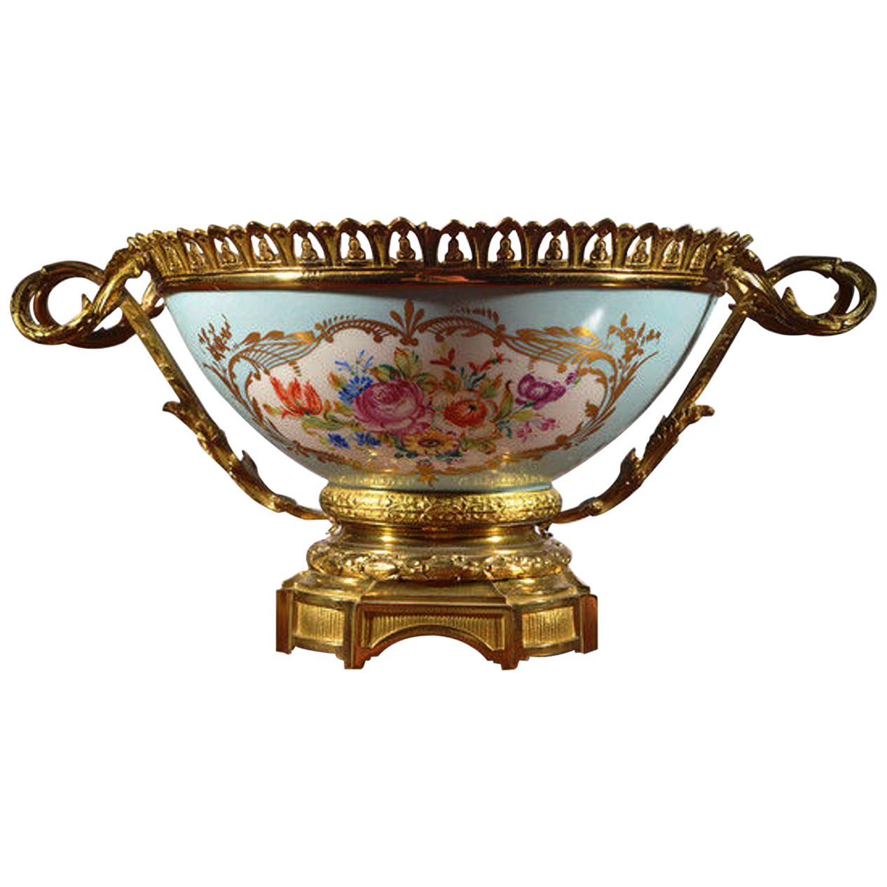 A French Late 19th Century Gilt Metal Mounted Hand Painted Porcelain Bowl For Sale