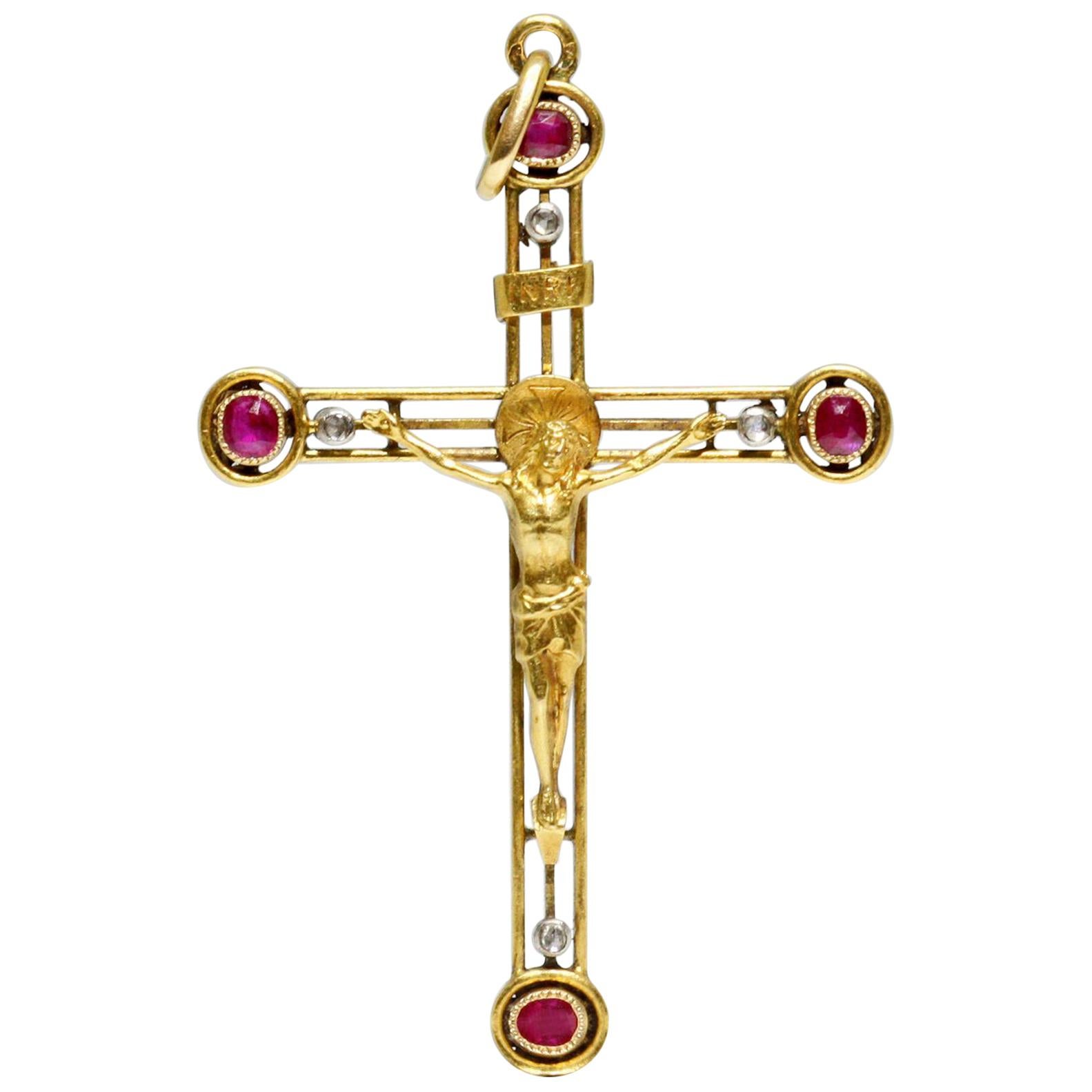 French Late 19th Century Gold and Ruby Cross
