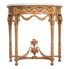 French Late 19th Century Gold Gilt Demilune Console Table with Marble Top