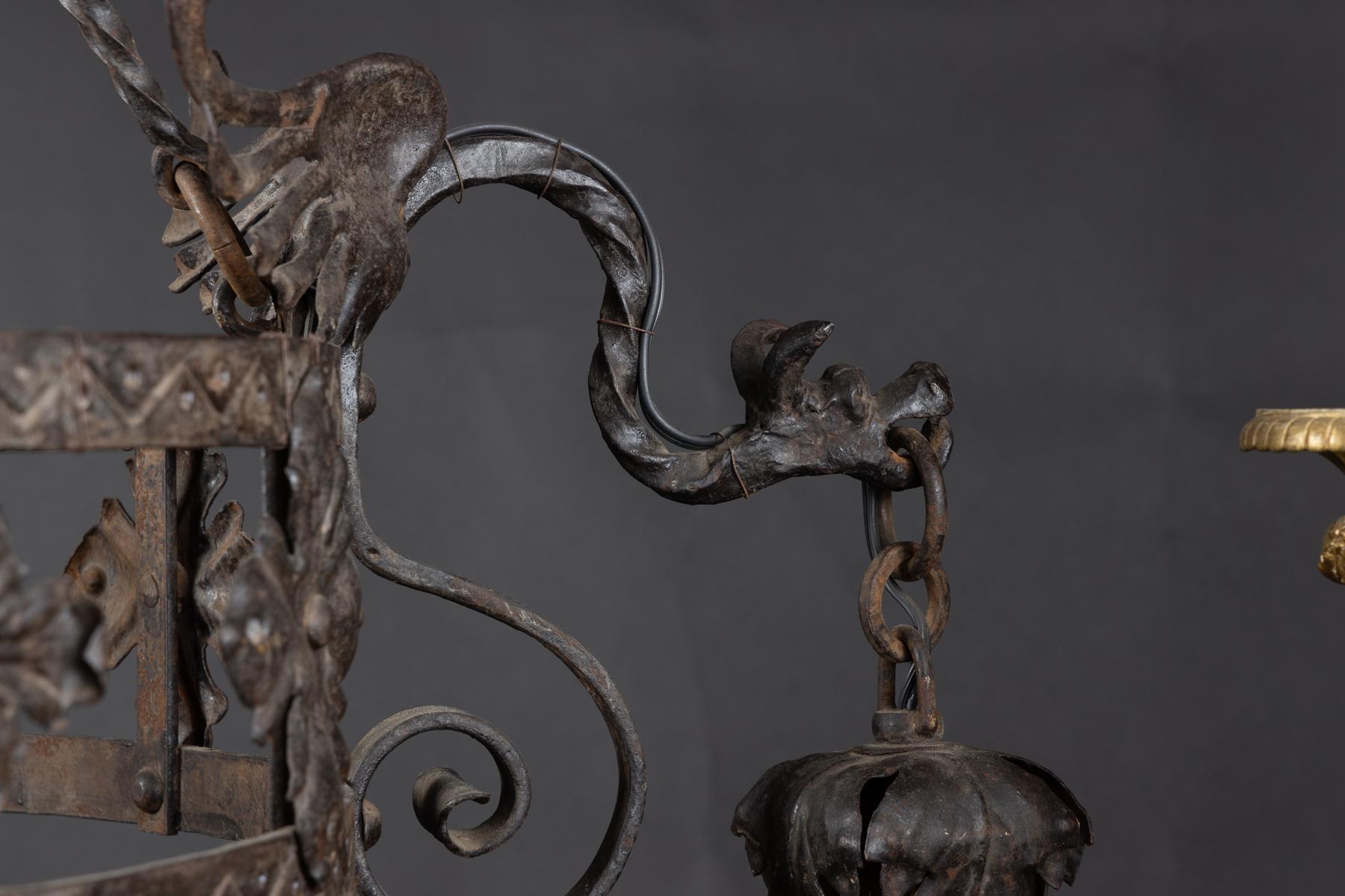 19th Century French late 19th century Gothic Revival iron chandelier with Winged Dragons For Sale