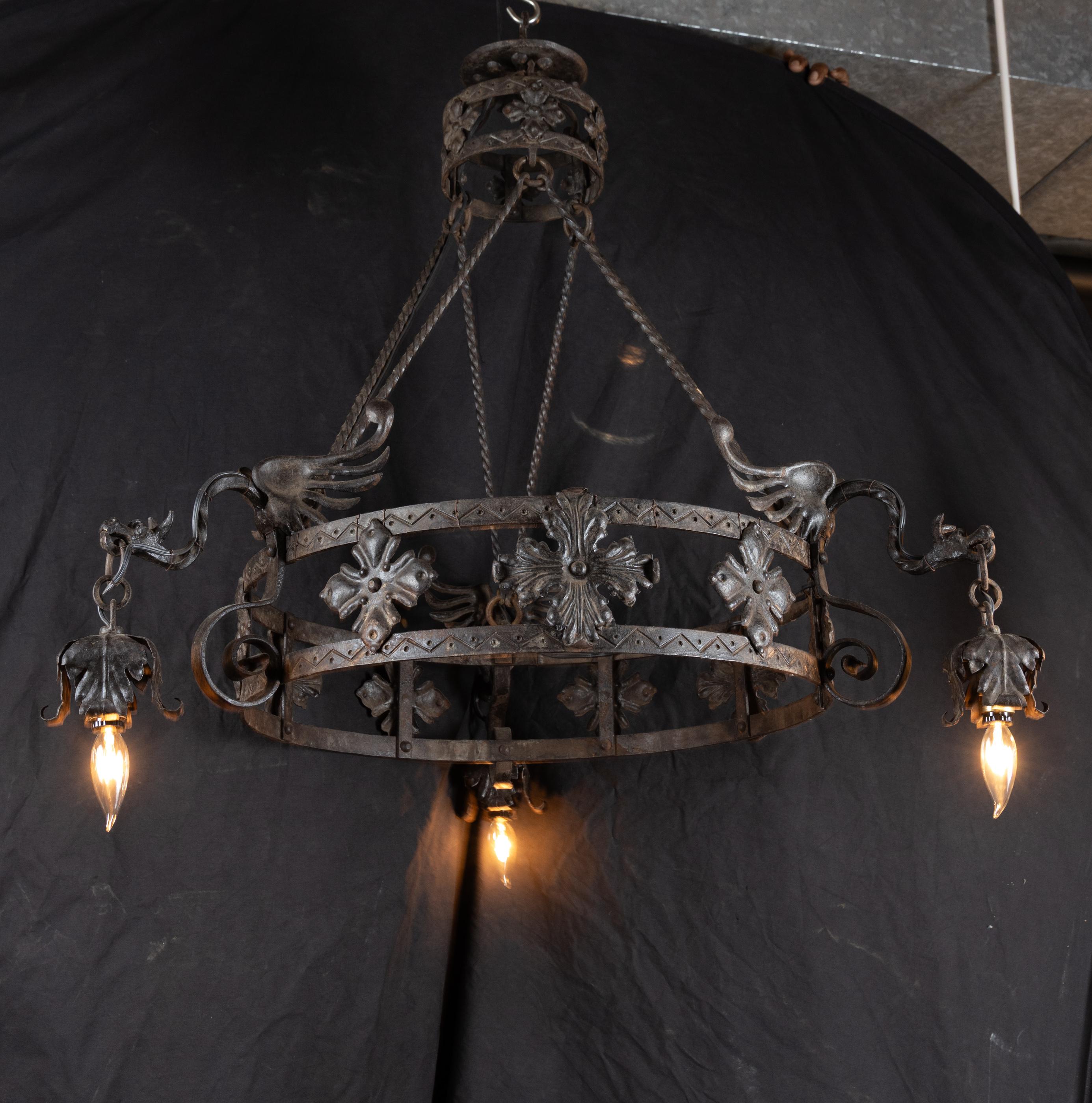 French late 19th century Gothic Revival iron chandelier with Winged Dragons For Sale 4
