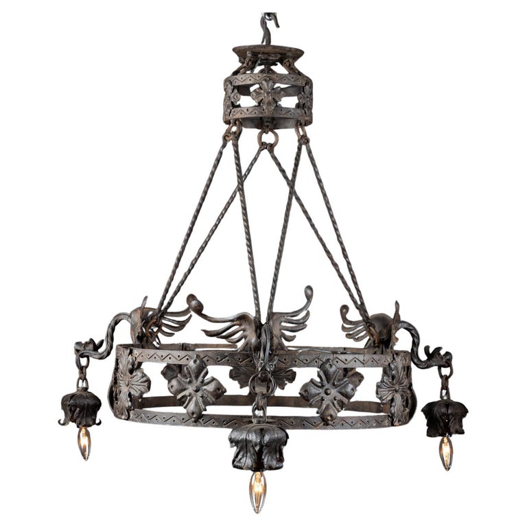 Neo-Gothic Style Forged & Blackened Wrought Iron Six Light Chandelier Neo-Gothic Style Forged & Blackened Wrought Iron Six Light Chandelier