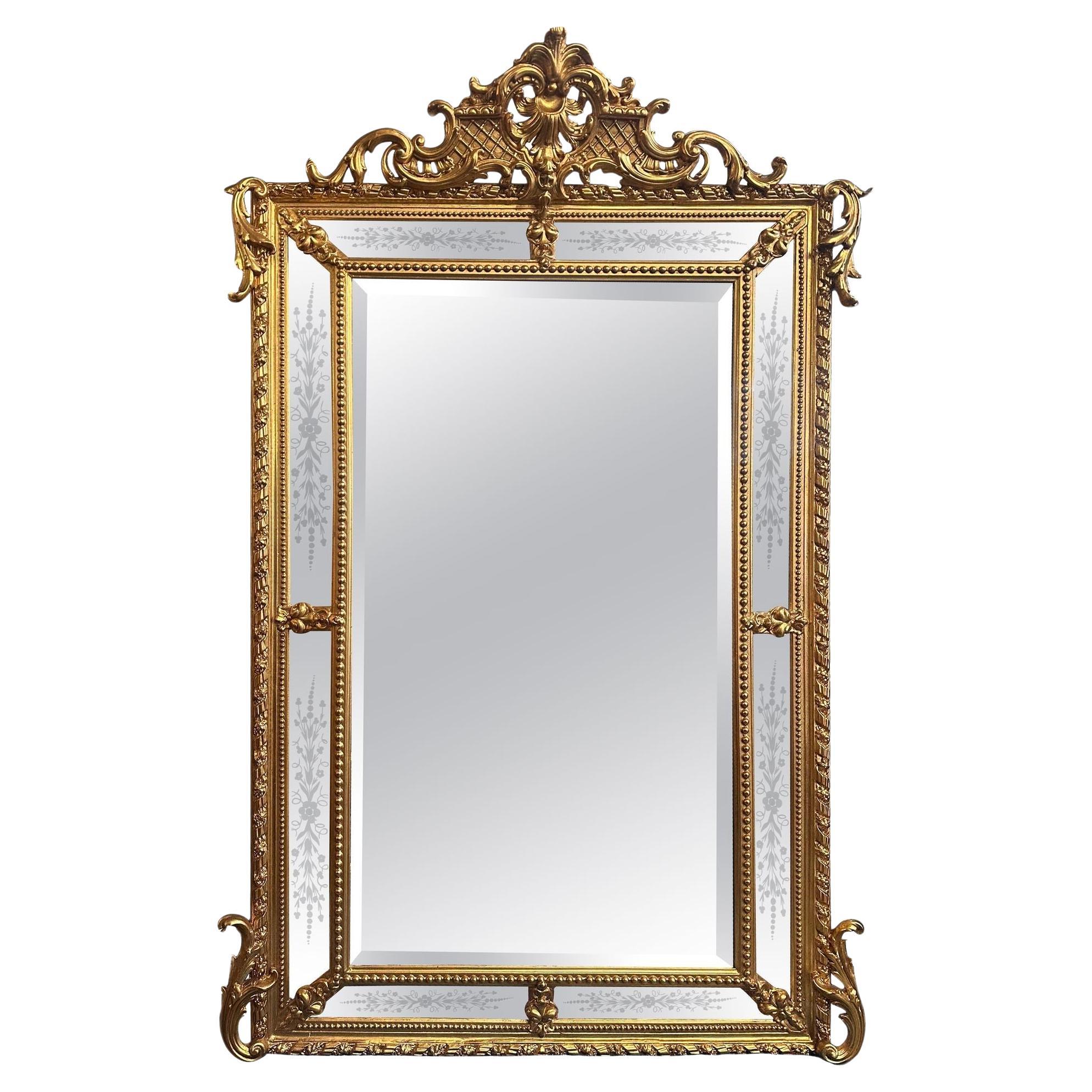 French Late 19th Century Hand-Carved Gilt Mirror w/ Etched Glass