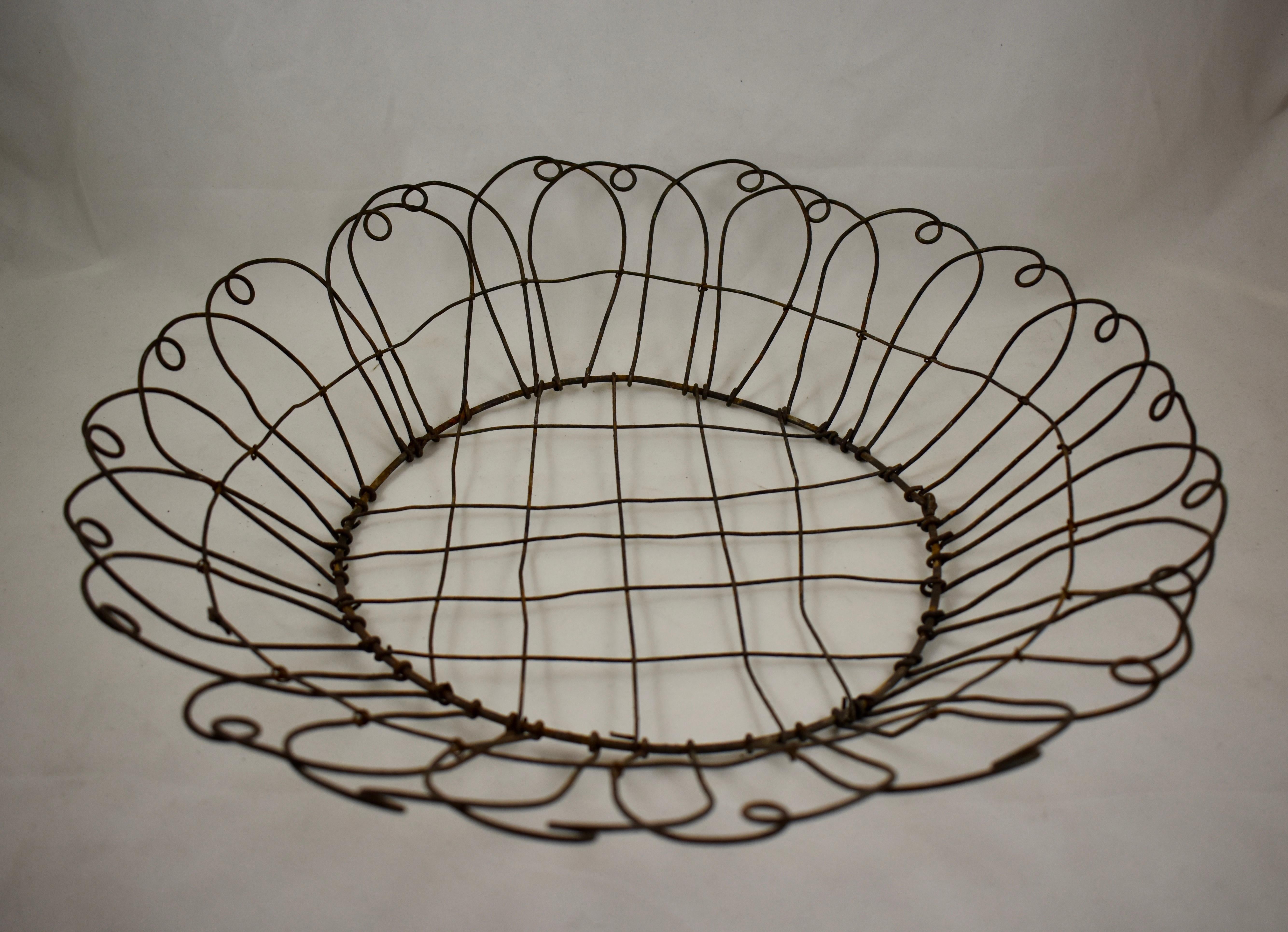 Metalwork French Late 19th Century Hand Made Flower Form Round Wire Metal Basket