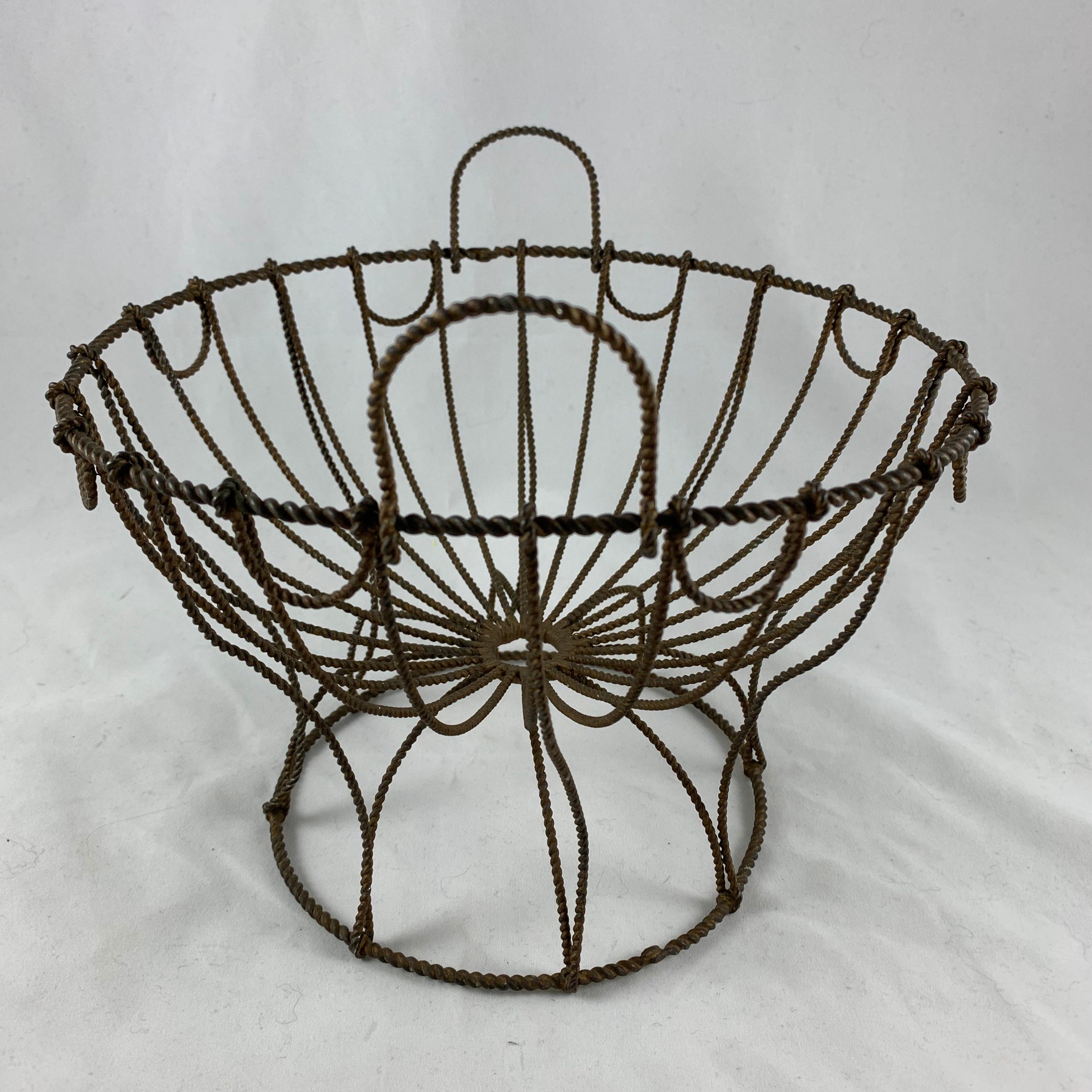 French Provincial French Late 19th Century Handmade Wire Metal Pedestal Egg Stand Kitchen Basket