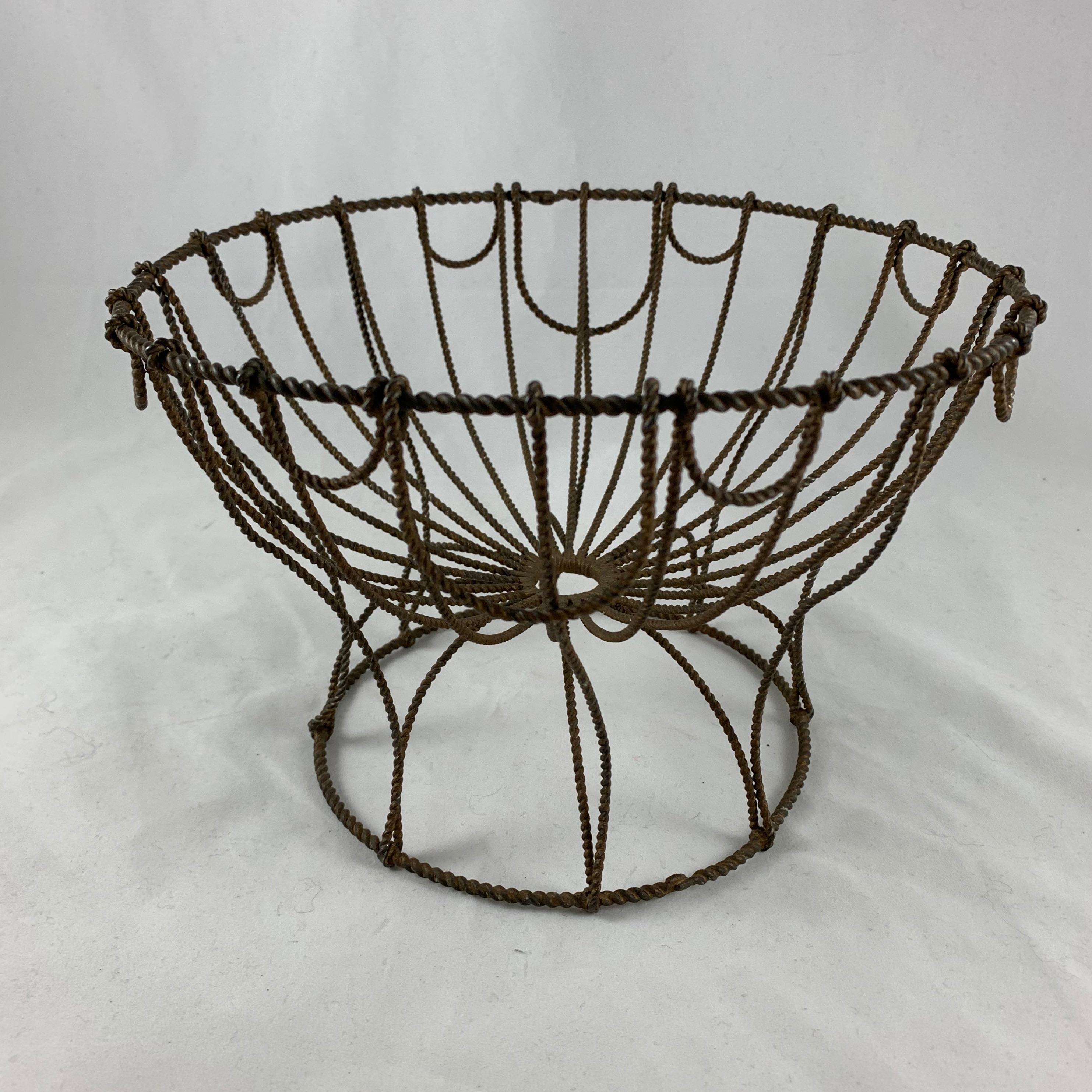 French Late 19th Century Handmade Wire Metal Pedestal Egg Stand Kitchen Basket 1
