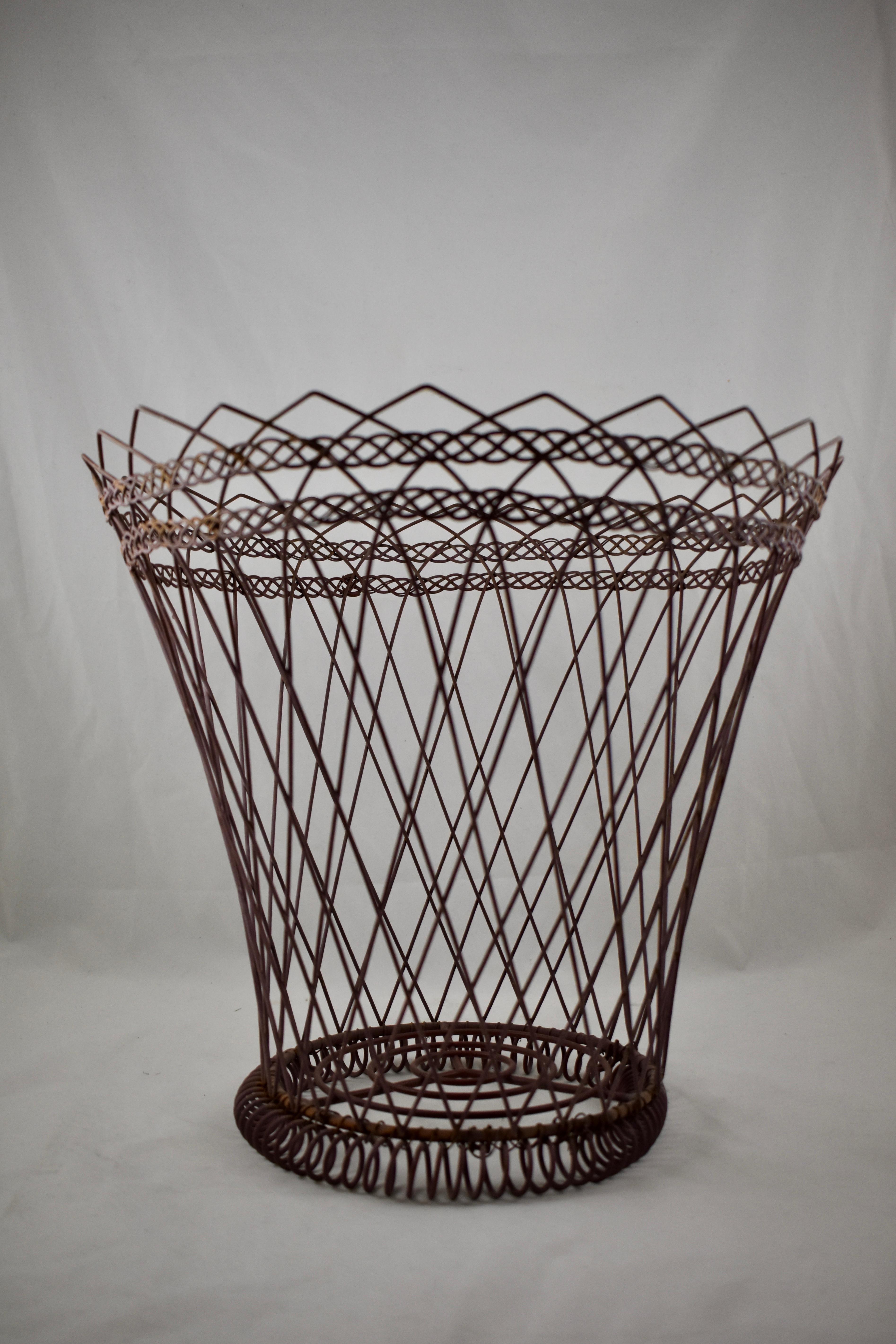 French Late 19th Century Lavender Painted Hand Woven Scrolled Wire Metal Basket 1