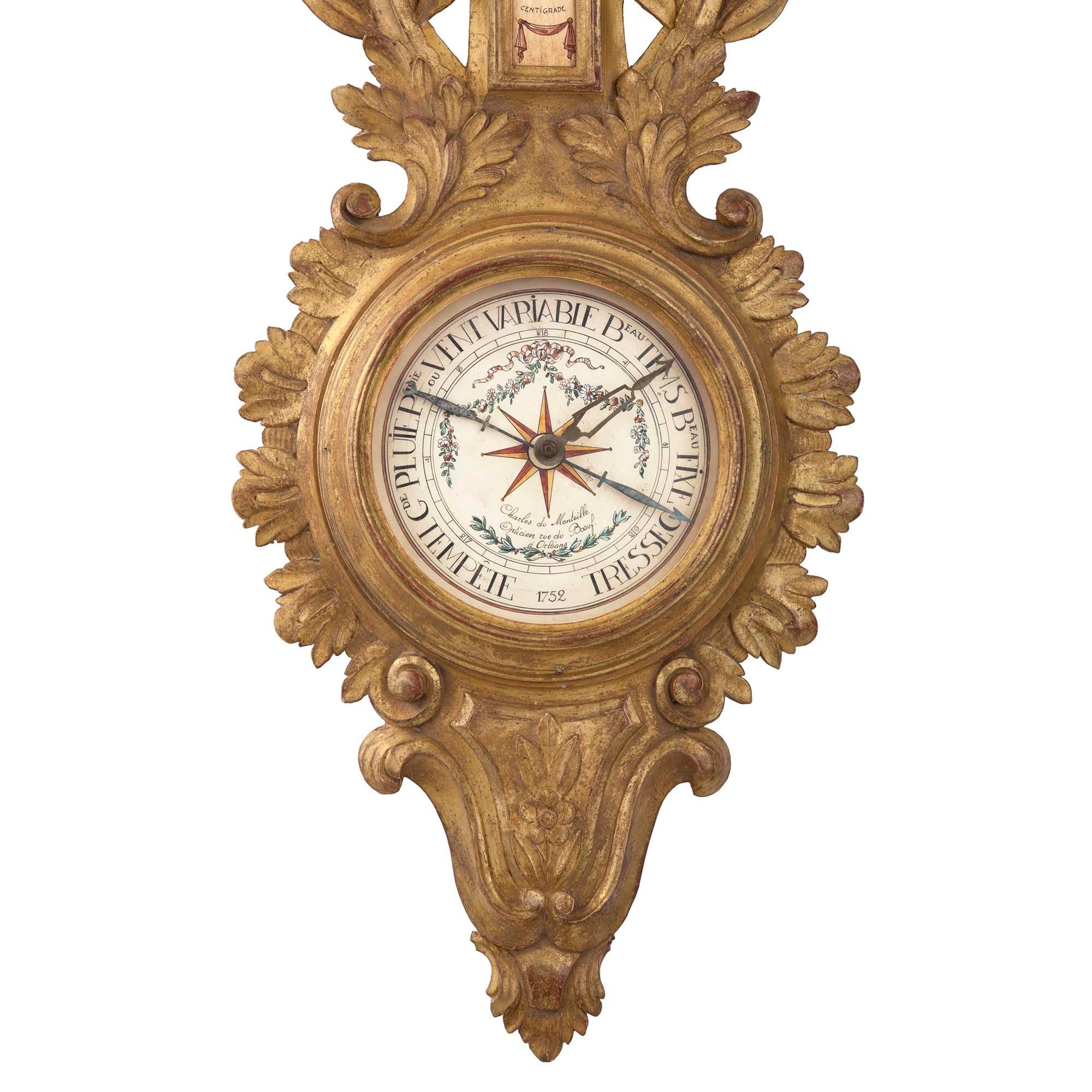 French Late 19th Century Louis XVI St. Giltwood Barometer For Sale 1