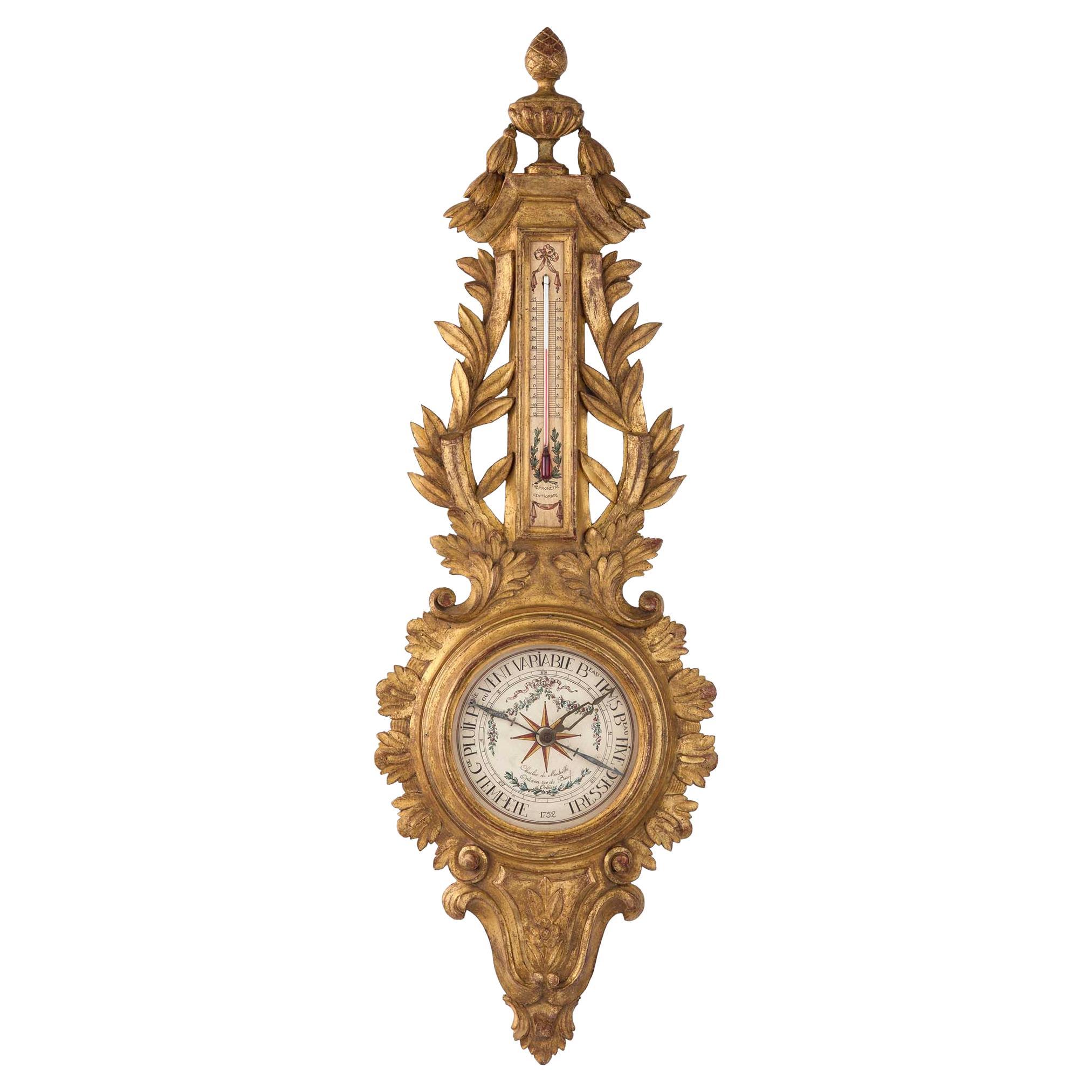French Late 19th Century Louis XVI St. Giltwood Barometer For Sale
