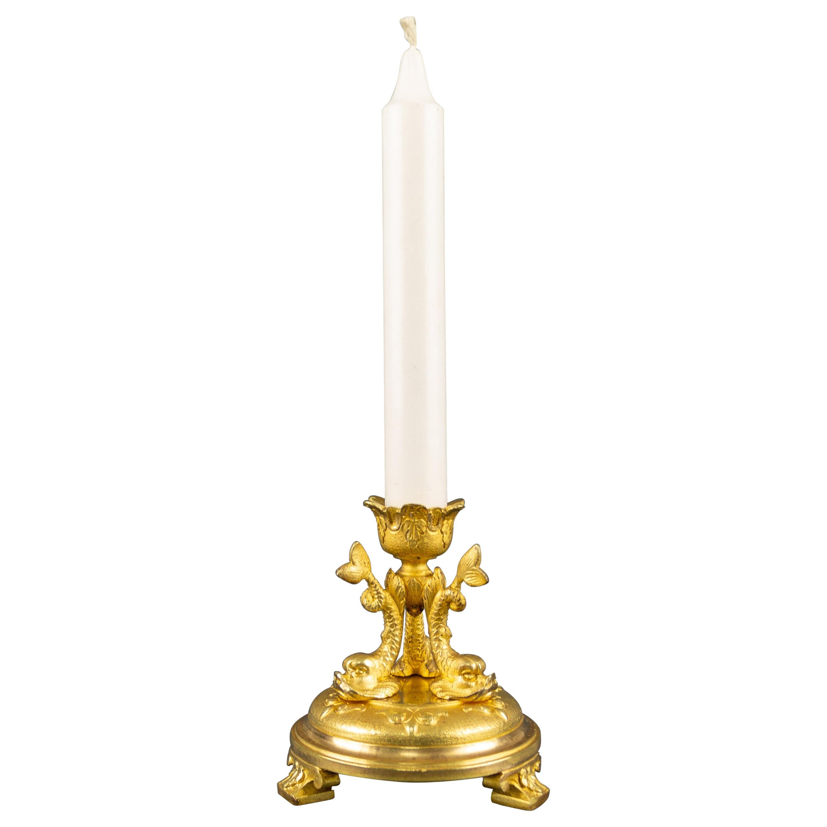 French Late 19th Century Louis XVI Style Gilt Bronze Candlestick with Dolphins