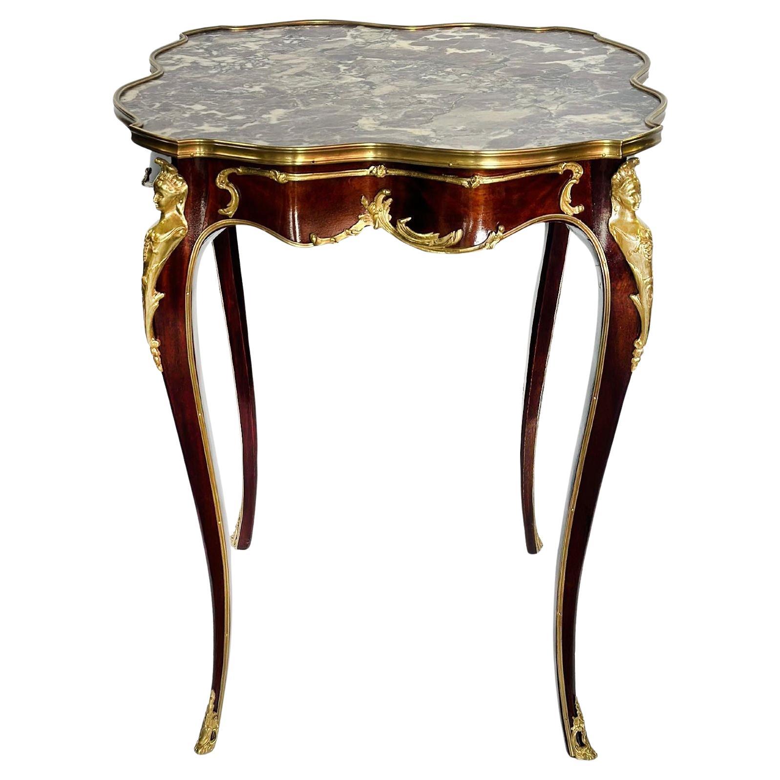 French Late 19th Century Marble Top Side Table w/ Bronze Mounts For Sale