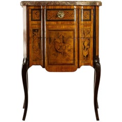 French Late 19th Century Marquetry Small Marble-Top Commode