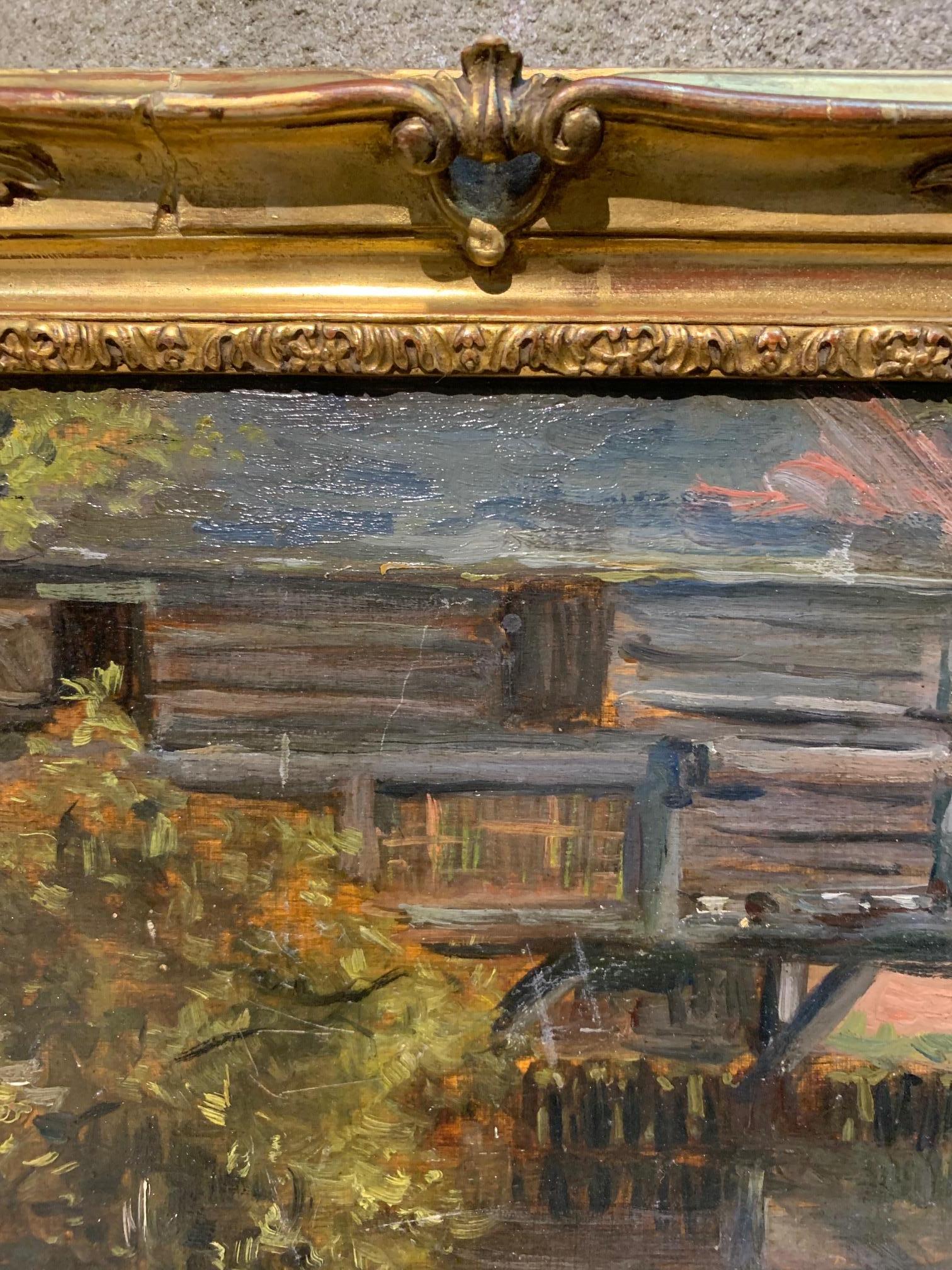 French Late 19th Century Oil on Board Painting of a Mill on the Seine In Good Condition In Round Top, TX