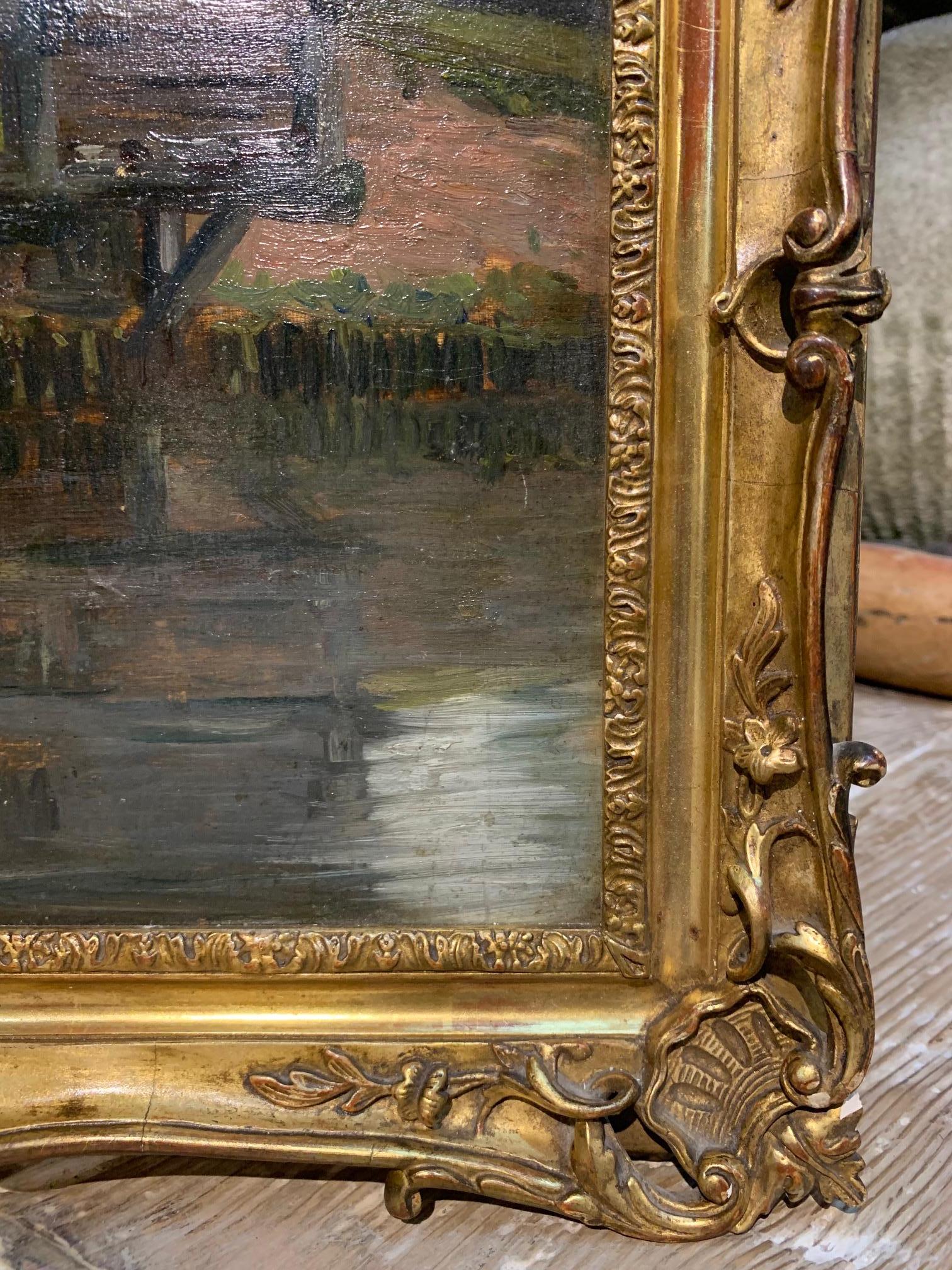 Peinture à l'huile sur panneau française de la fin du XIXe siècle représentant un moulin dans la Seine en vente 3