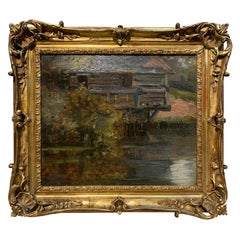 Peinture à l'huile sur panneau française de la fin du XIXe siècle représentant un moulin dans la Seine