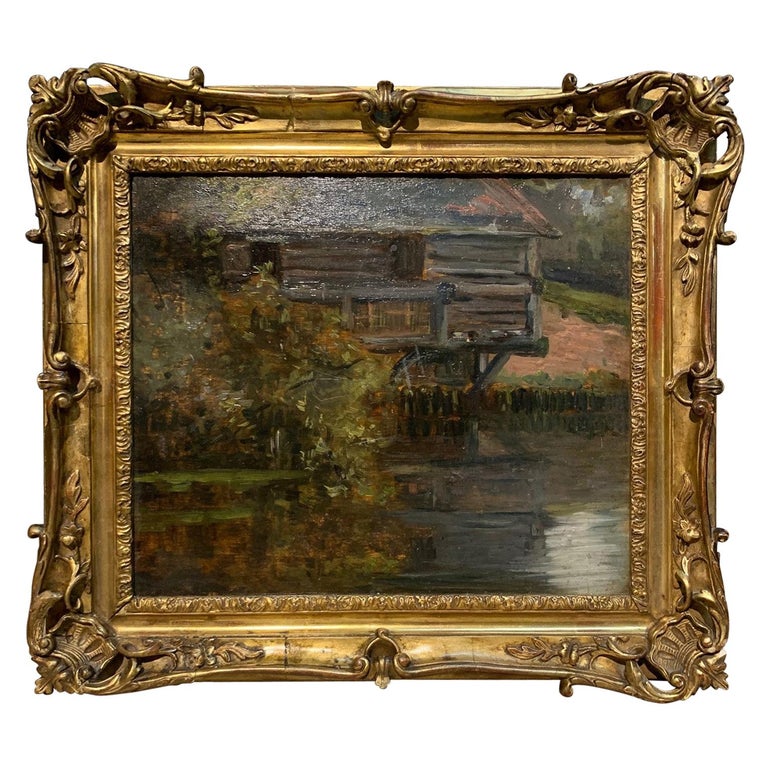 French Late 19th Century Oil on Board Painting of a Mill on the Seine For Sale