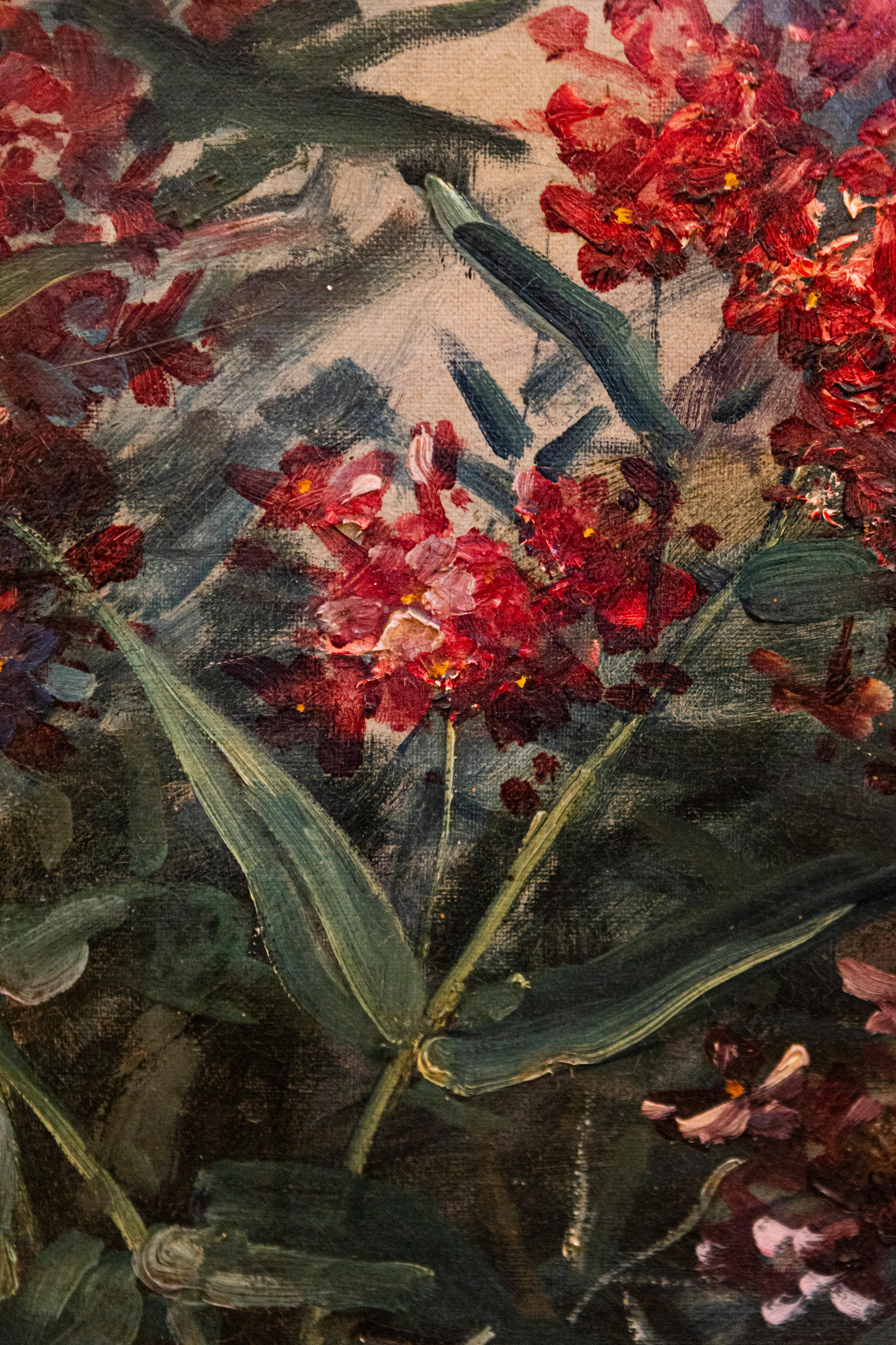 Huile sur toile de la fin du XIXe siècle représentant des fleurs dans une nature morte en vente 5