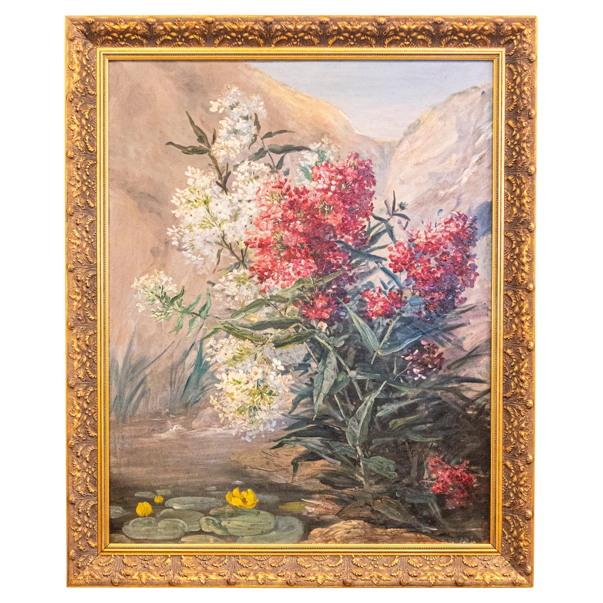 Huile sur toile de la fin du XIXe siècle représentant des fleurs dans une nature morte