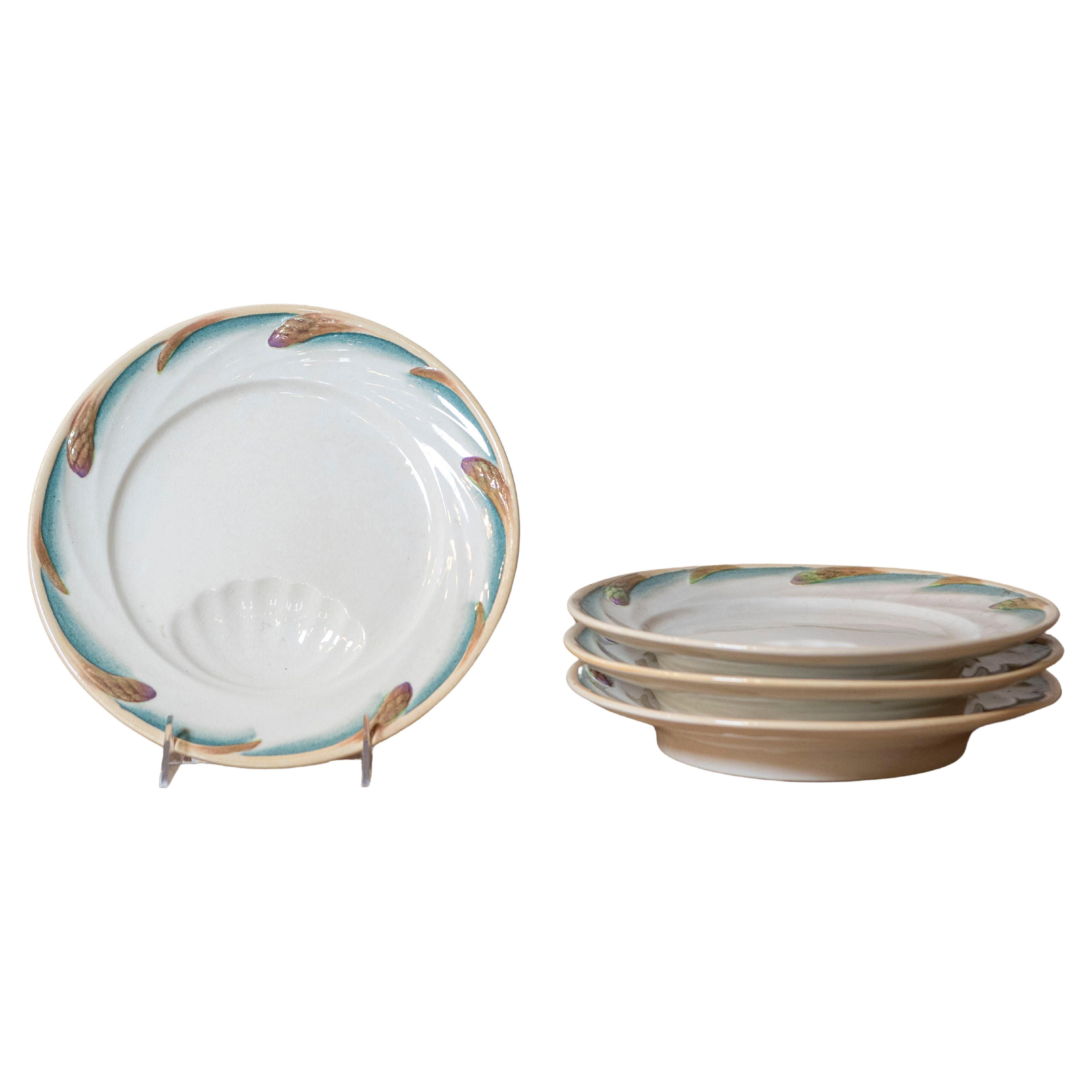 French Late 19th Century Sarreguemines Asparagus Plates with Shell Shaped Hole