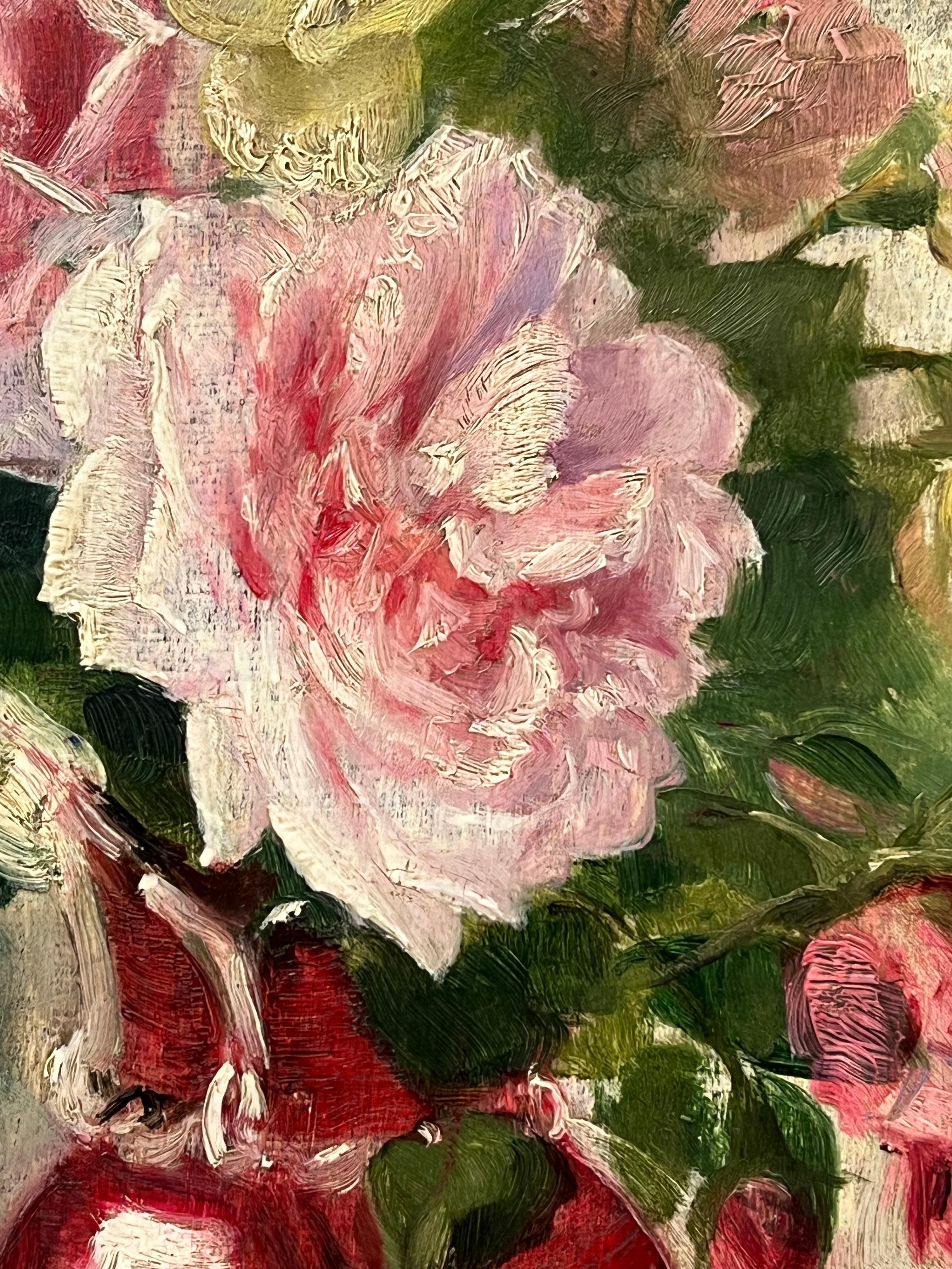 Französische impressionistische Öl-Rosen in roter Vase aus dem 19. Jahrhundert im Angebot 2