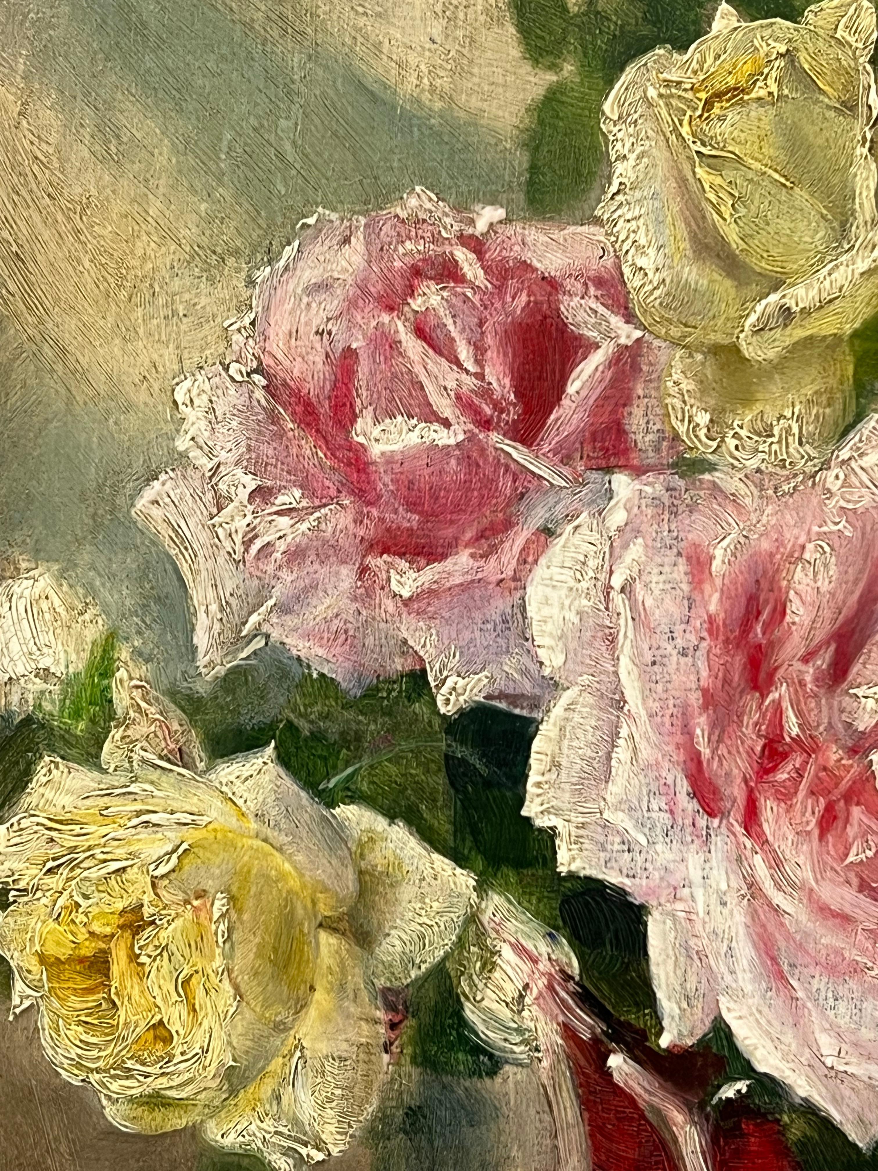 Französische impressionistische Öl-Rosen in roter Vase aus dem 19. Jahrhundert im Angebot 3