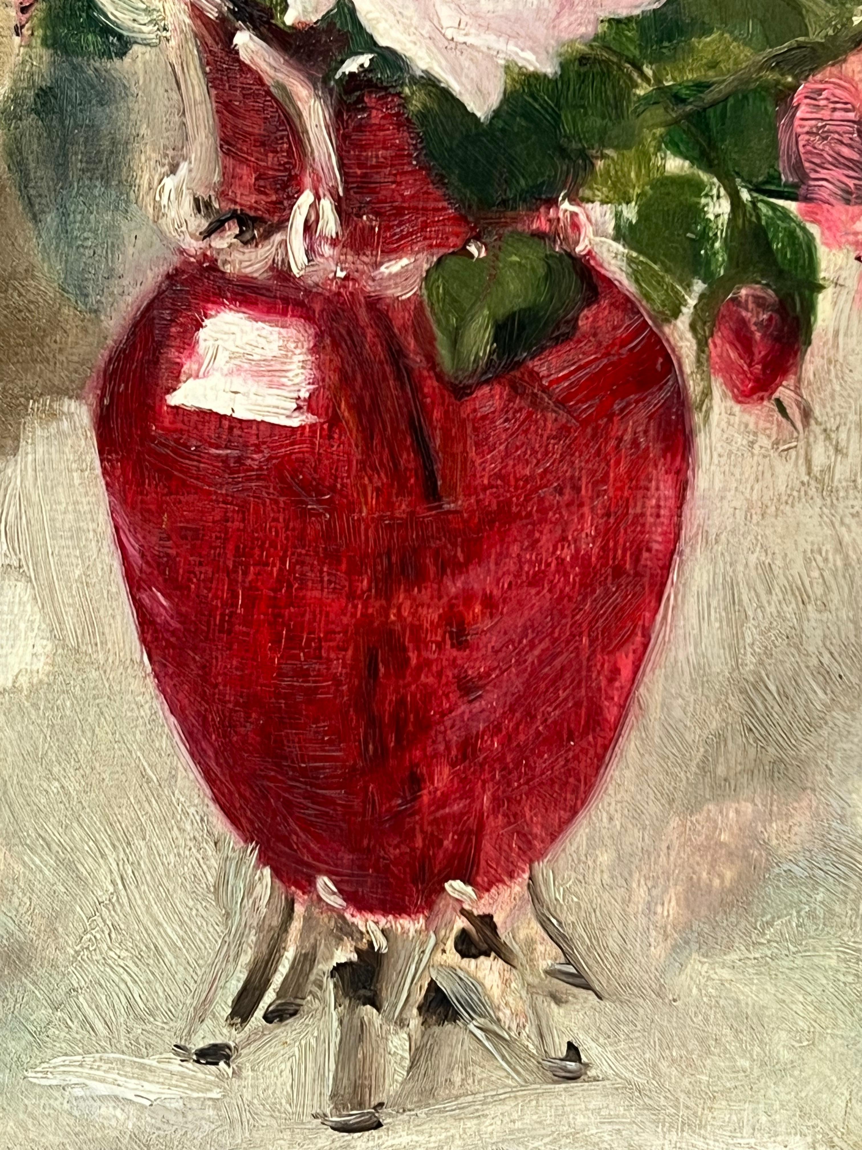Französische impressionistische Öl-Rosen in roter Vase aus dem 19. Jahrhundert im Angebot 4