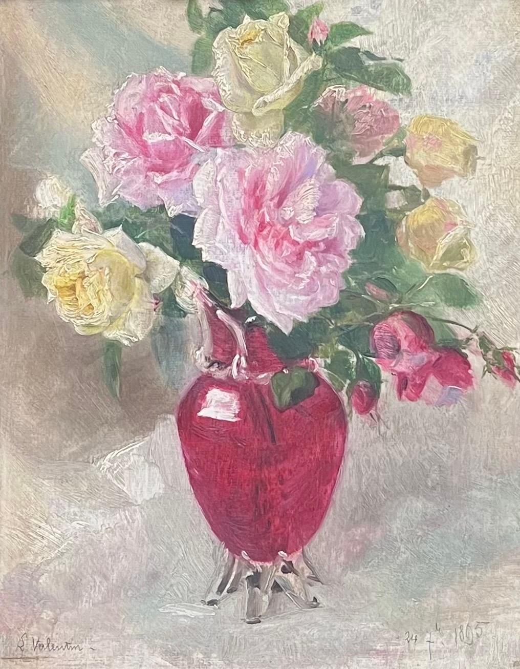 French 19th Century Impressionist Oil Roses In Red Vase In Antique Gilt Frame - Painting by French Late 19th Century School