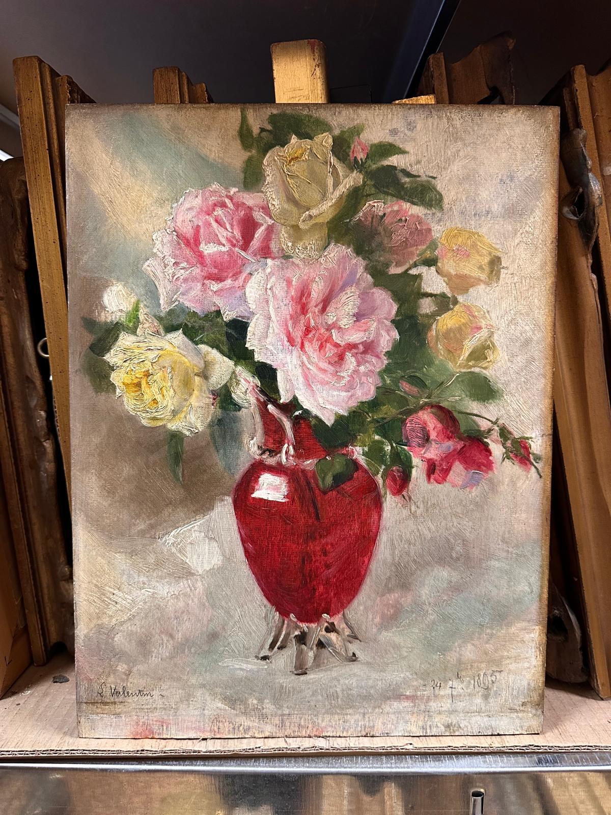 Französische impressionistische Öl-Rosen in roter Vase aus dem 19. Jahrhundert – Painting von French Late 19th Century School