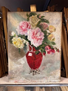 Óleo impresionista francés del siglo XIX Rosas rosas y amarillas en jarrón rojo