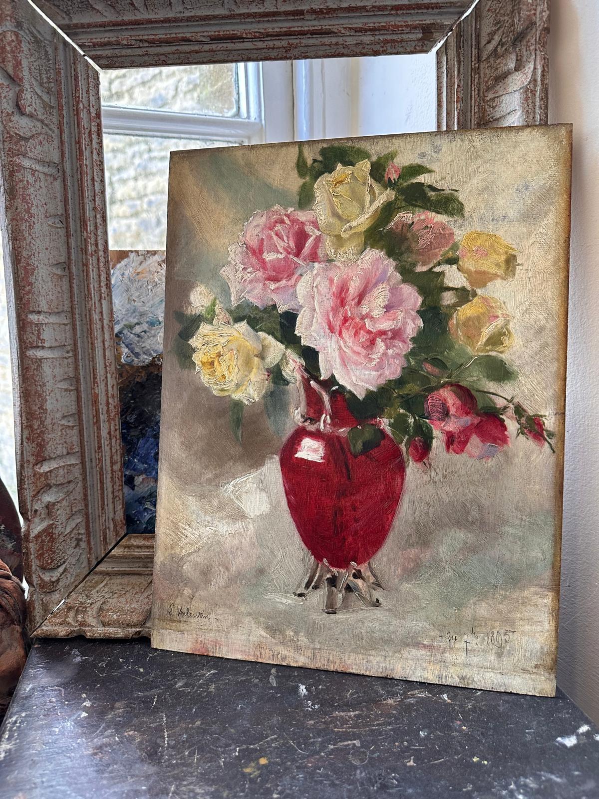 Französische impressionistische Öl-Rosen in roter Vase aus dem 19. Jahrhundert (Impressionismus), Painting, von French Late 19th Century School