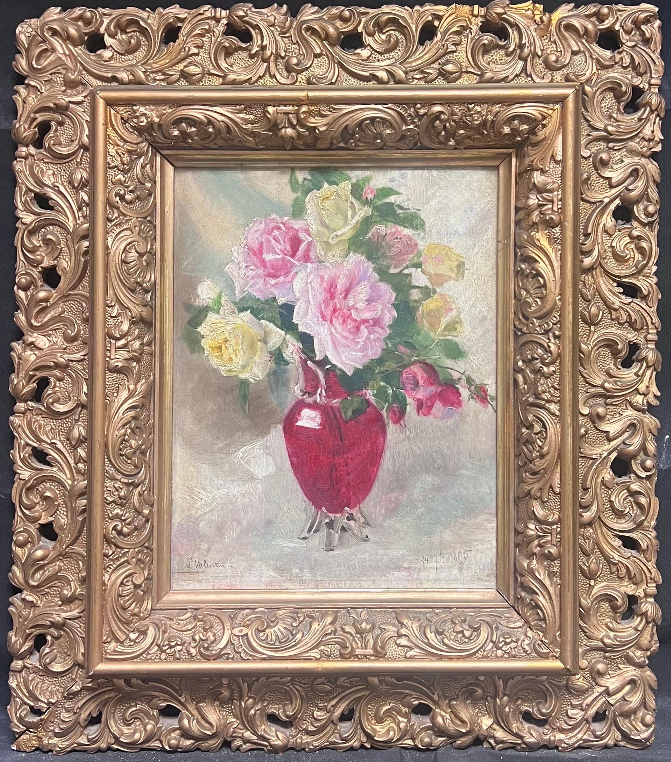 French Late 19th Century School Interior Painting - French 19th Century Impressionist Oil Roses In Red Vase In Antique Gilt Frame
