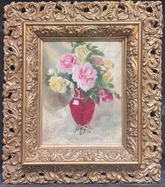 Roses impressionnistes du 19ème siècle dans un vase rouge dans un cadre doré ancien