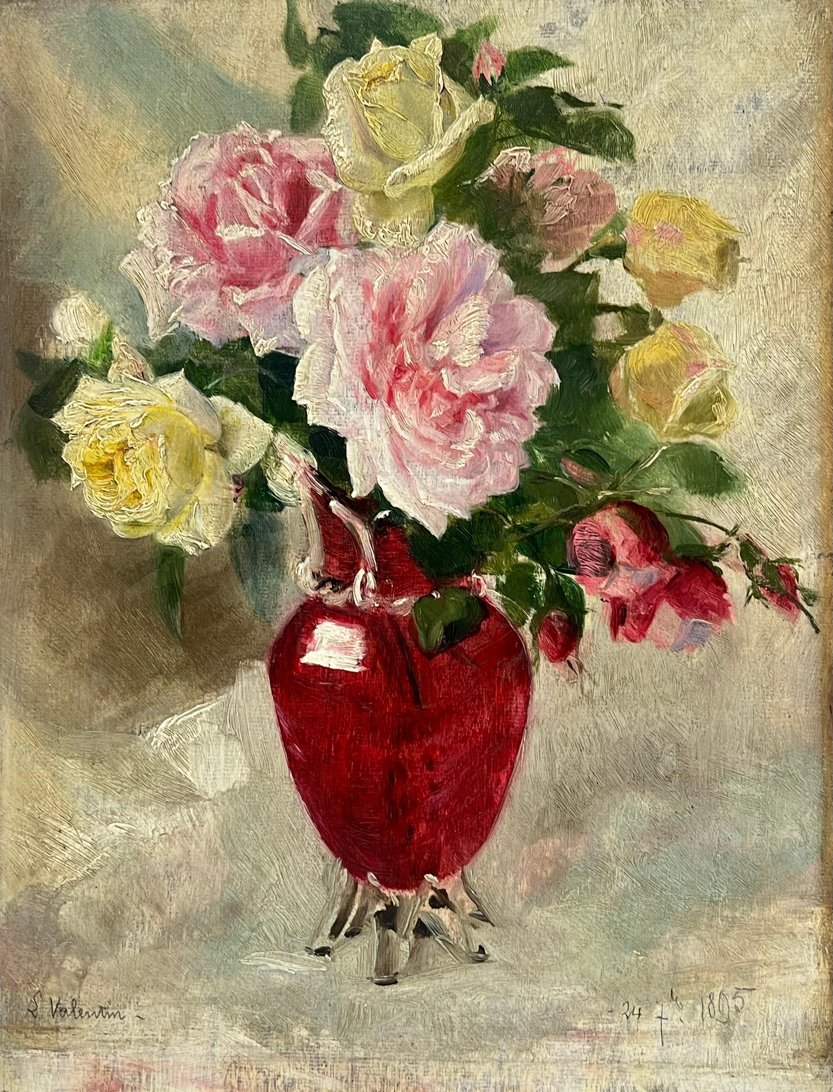 Óleo impresionista francés del siglo XIX Rosas en jarrón rojo