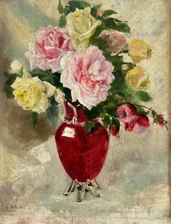 French 19th Century Impressionist Oil Roses In Red Vase