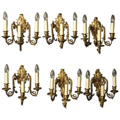 French Late 19th Century Set of 6 Bronze Triple Arm Antique Wall Lights