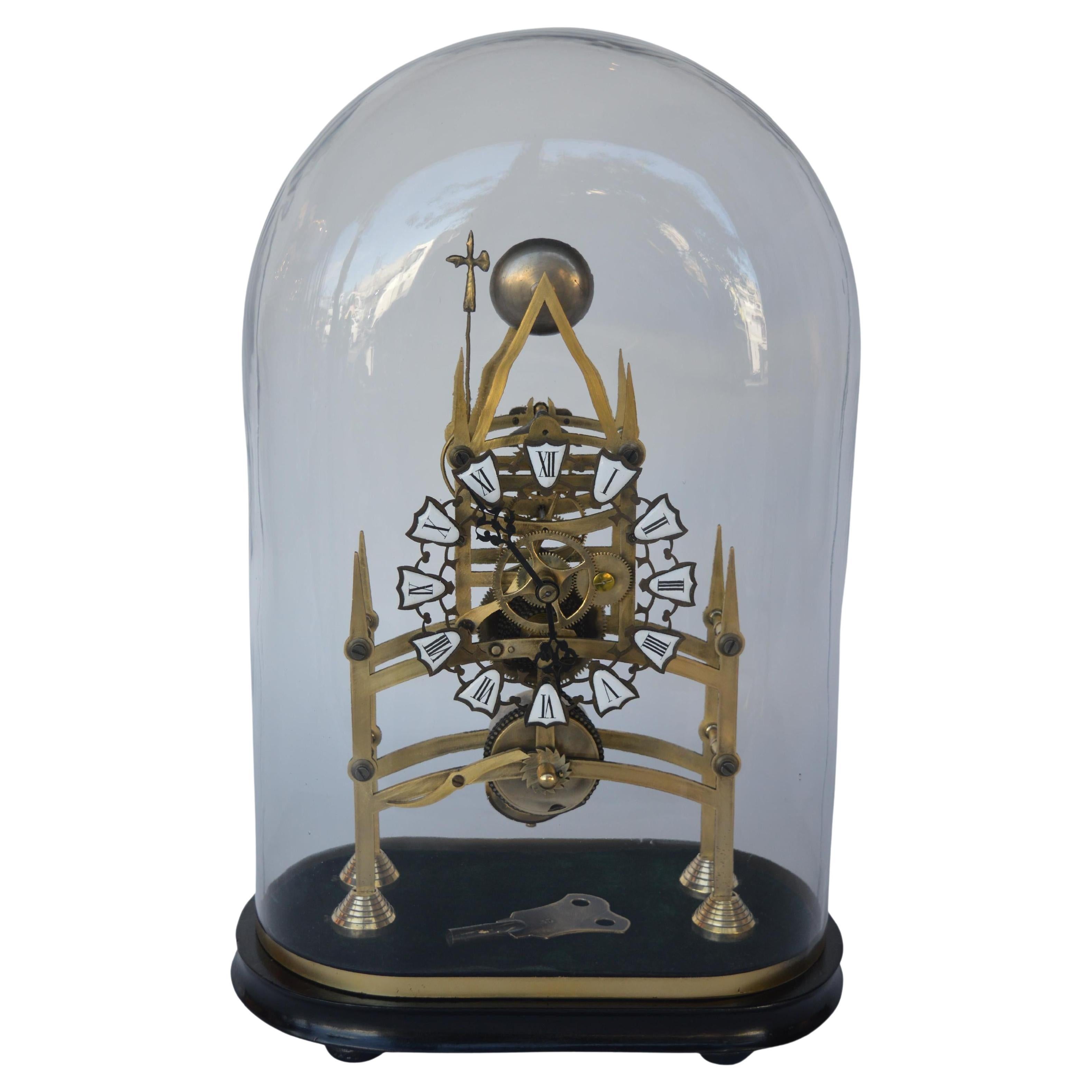 English Late 19th Century Skeleton Clock with Oval Glass Dome