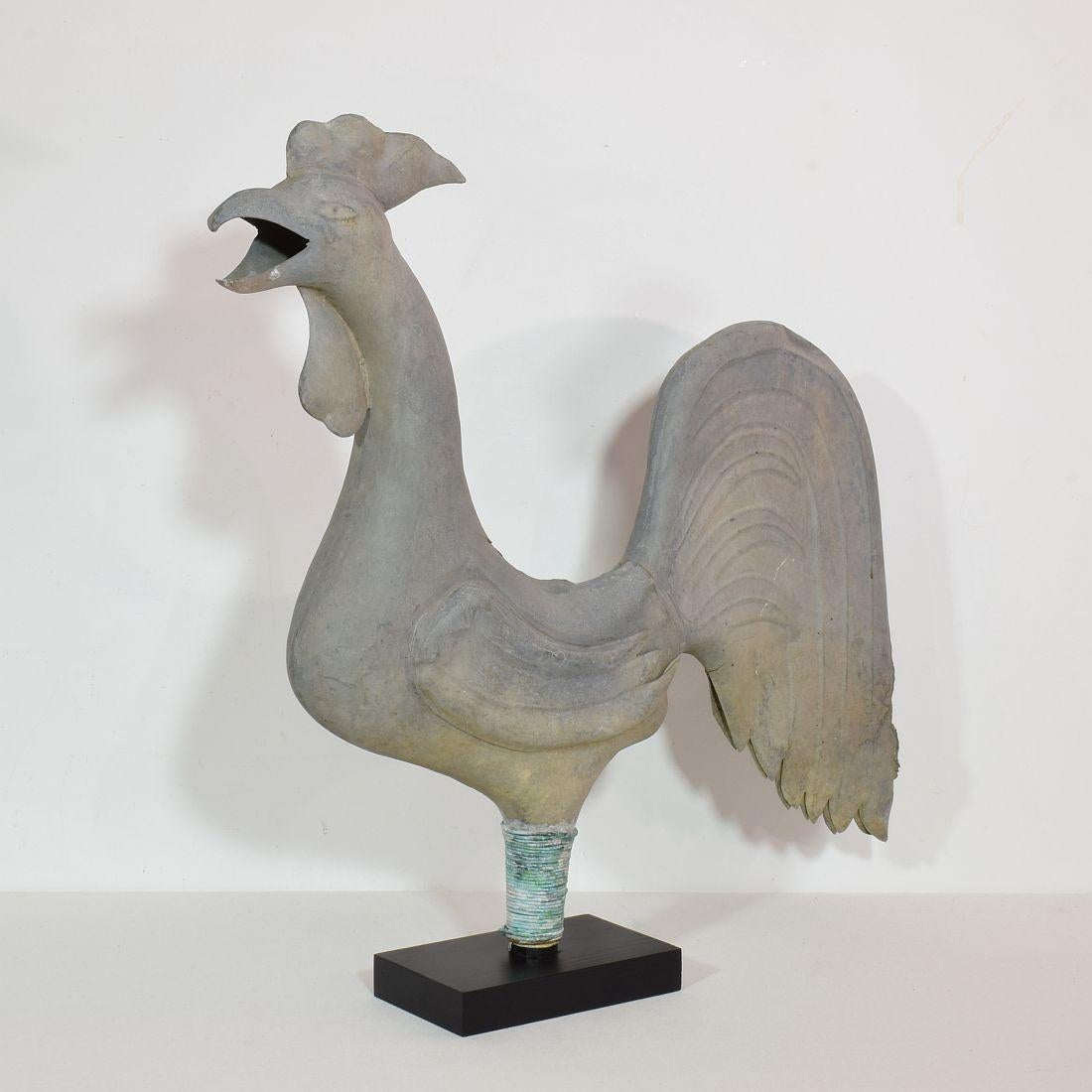 Beautiful and very rare zinc weathervane representing a rooster/cockerel.
France, circa 1880-1900
Weathered small losses and old repair
Measurement here below includes the wooden base. More photo's available on request.