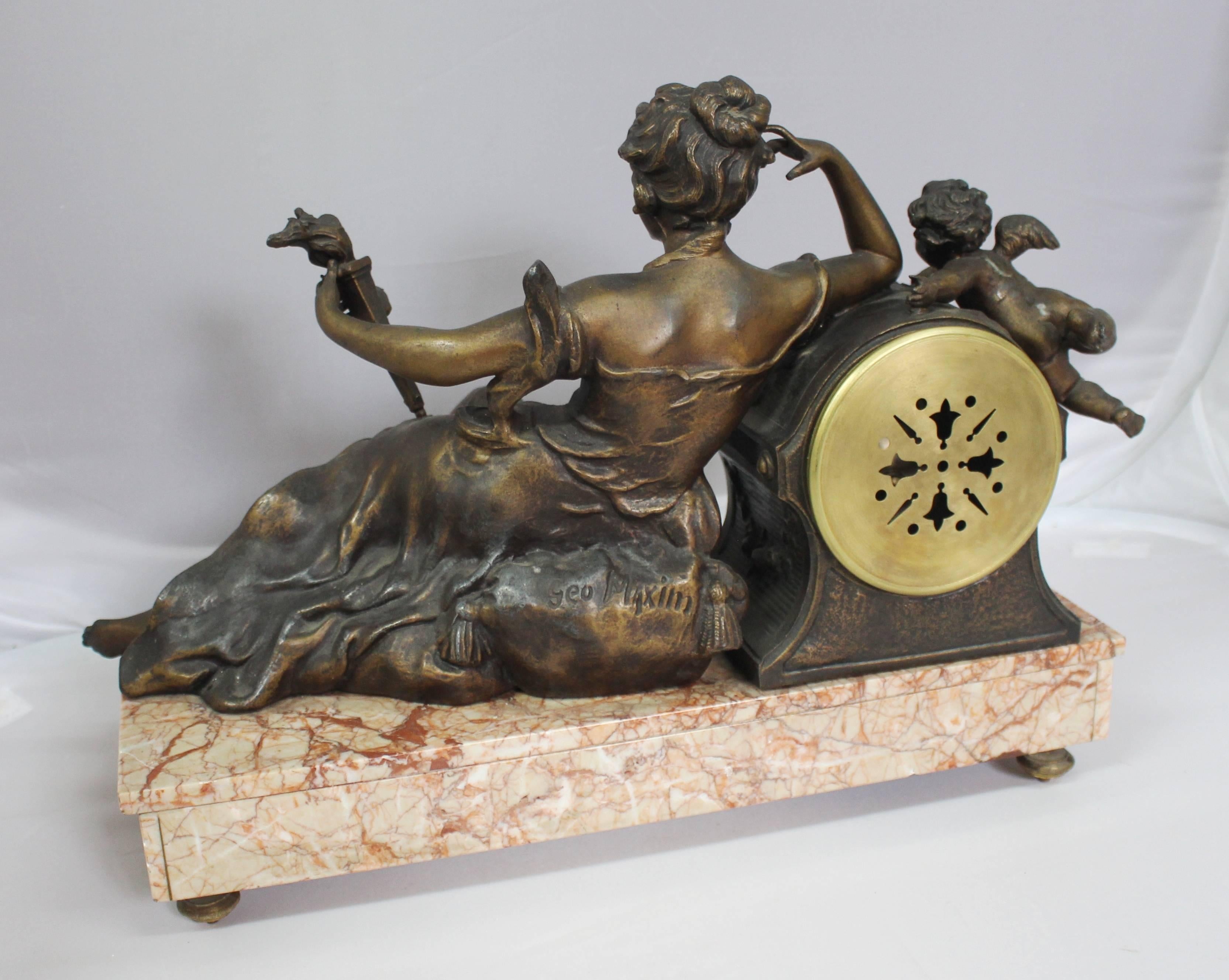 French Late 19th Century, Spelter and Rouge Marble Mantle Clock For Sale 5