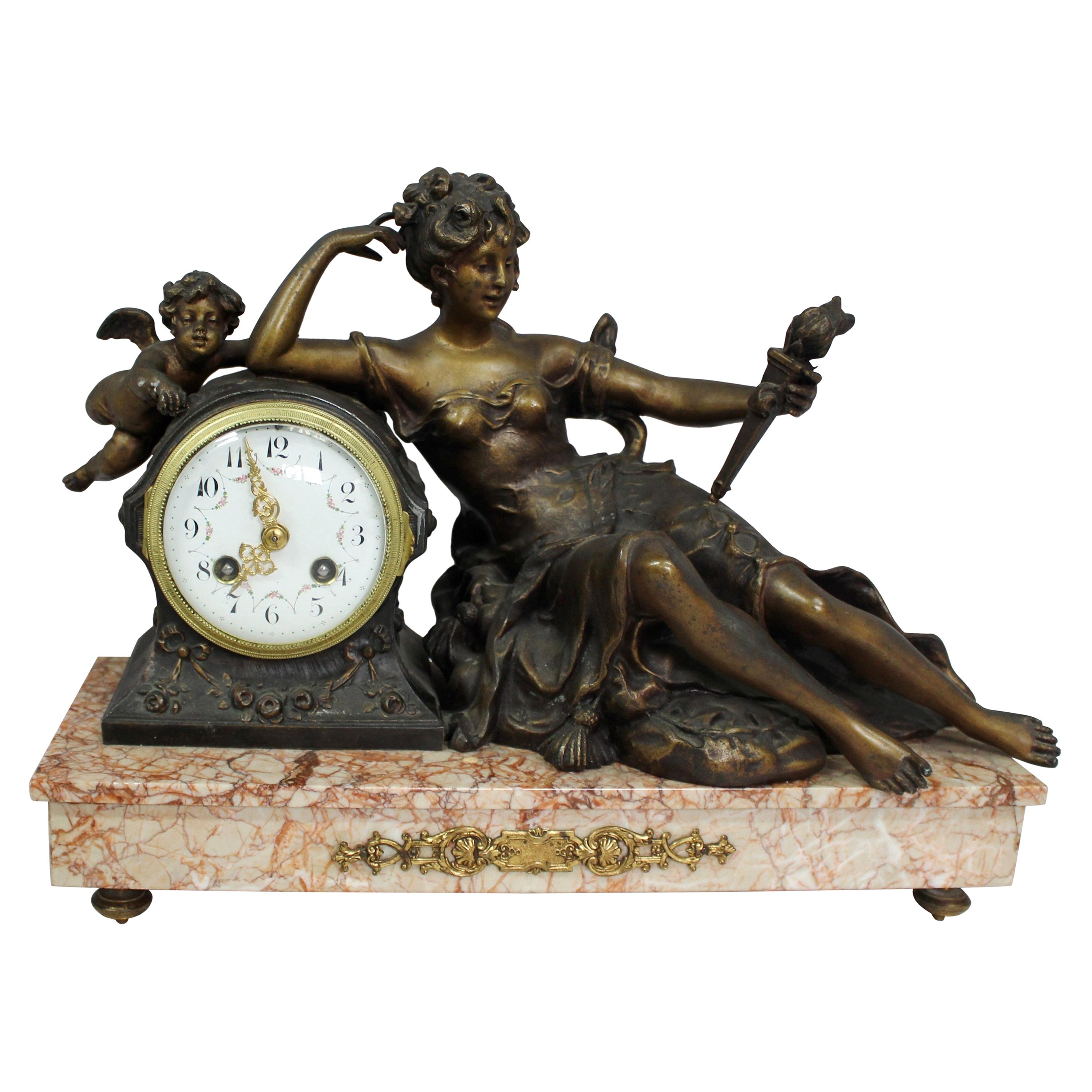 French Late 19th Century, Spelter and Rouge Marble Mantle Clock For Sale