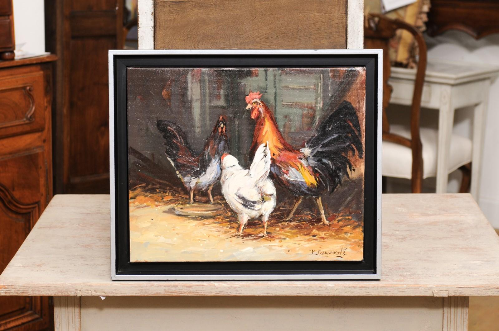 Hand-Painted French Late 20th Century Framed and Signed Oil on Canvas Barnyard Scene Painting For Sale