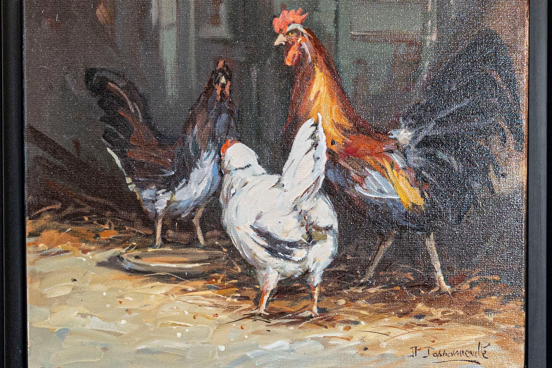 Francese Pittura francese della fine del XX secolo incorniciata e firmata, olio su tela con scena di cortile in vendita