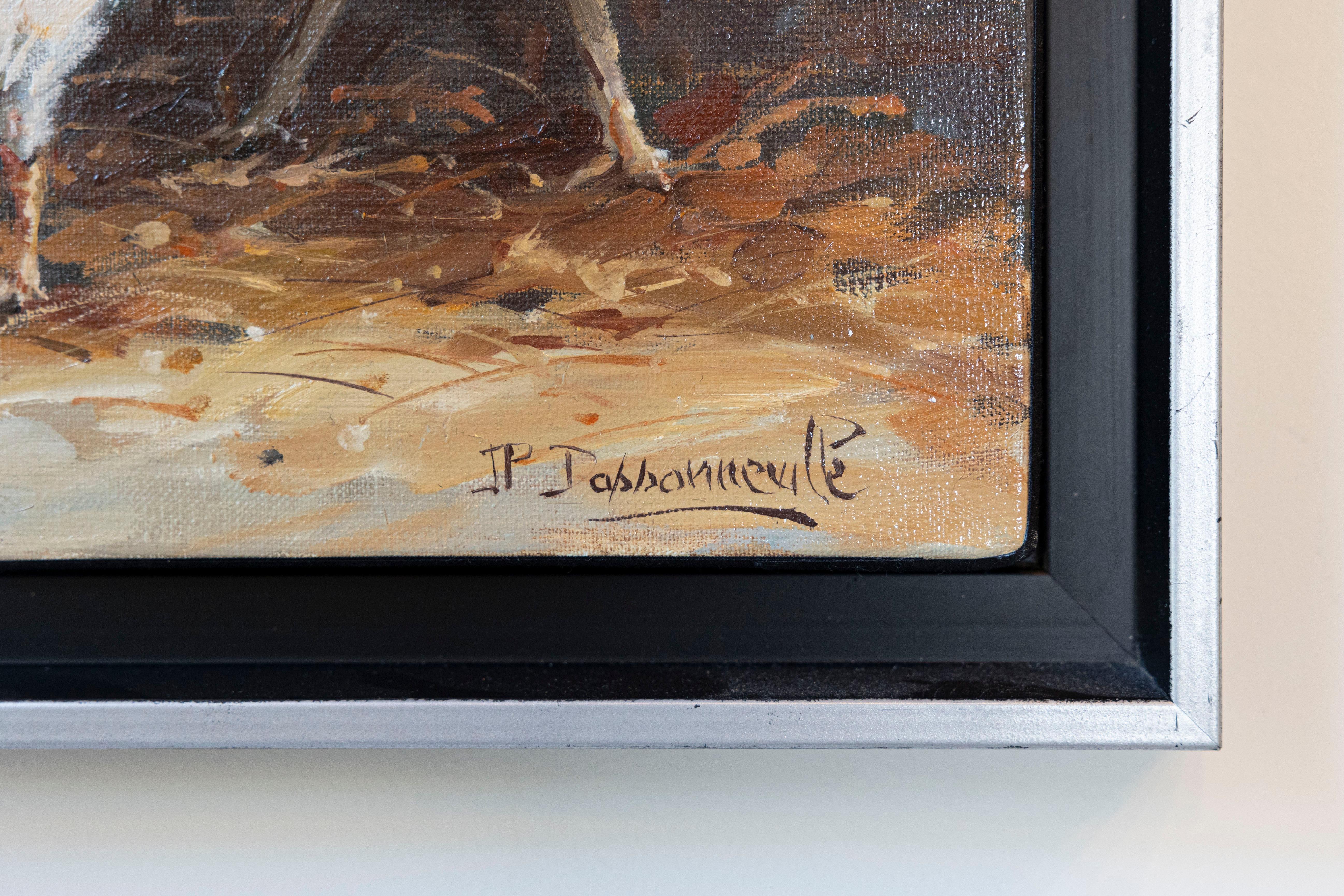 Dipinto a mano Pittura francese della fine del XX secolo incorniciata e firmata, olio su tela con scena di cortile in vendita