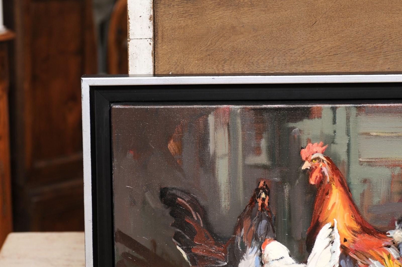 French Late 20th Century Framed and Signed Oil on Canvas Barnyard Scene Painting For Sale 1